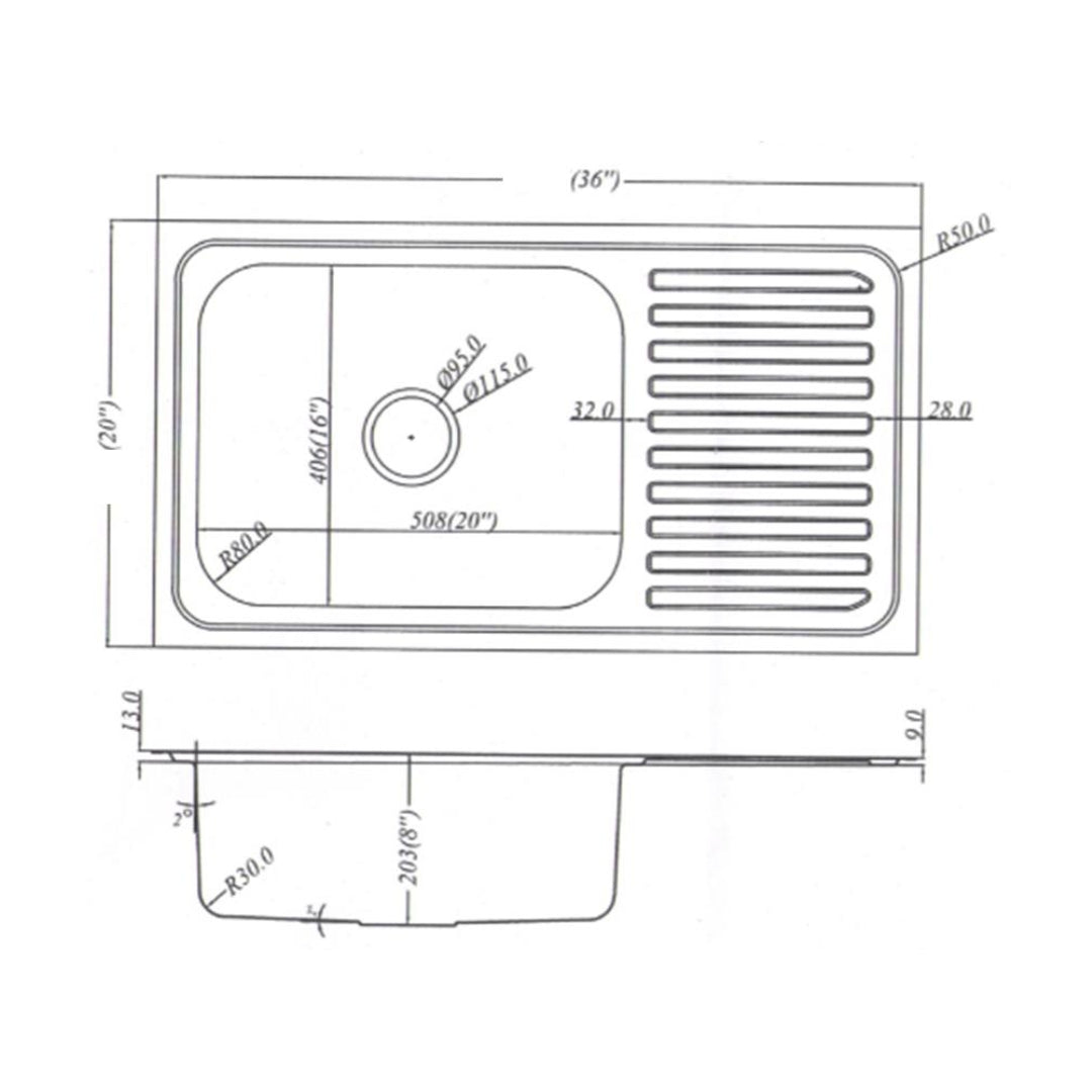 Hafele Stainless Steel Sink Astral Series SINGLE BOWL WITH DRAIN BOARD ASTRAL 3620 ( 36 x 20 inches ) - Glossy