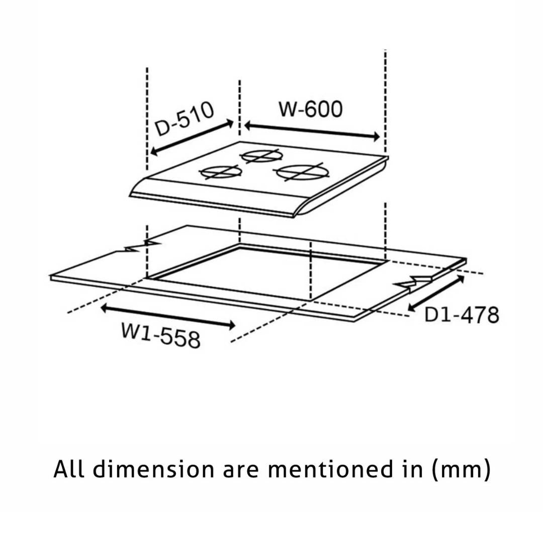 Glen 60 cm 3 Burner Hob BH 1063 SQ DB