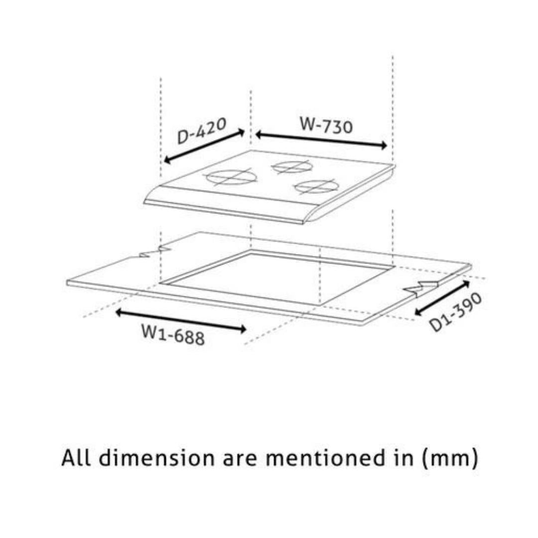Glen 73 cm 3 Burner Hob BH 1073 SQ HT DB FFD