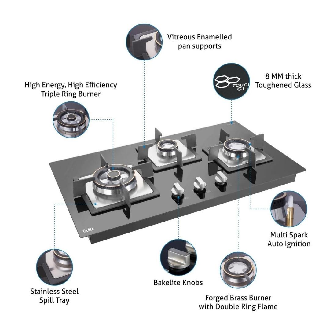 Glen 73 cm 3 Burner Hob BH 1073 SQ HT DB TR