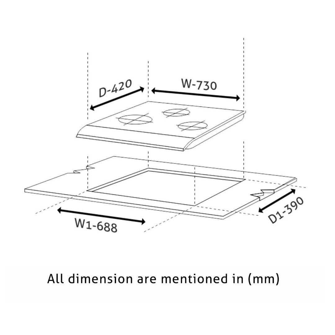 Glen 73 cm 3 Burner Hob BH 1073 SQ HT DB TR