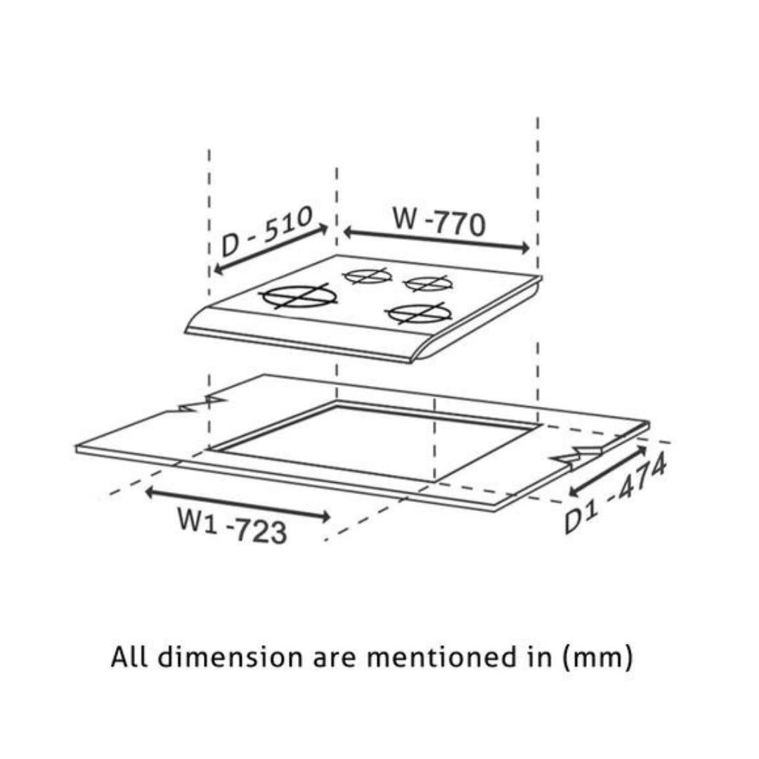 Glen 77 cm 4 Burner Hob BH 1074 SQ HT DB TR FFD 77