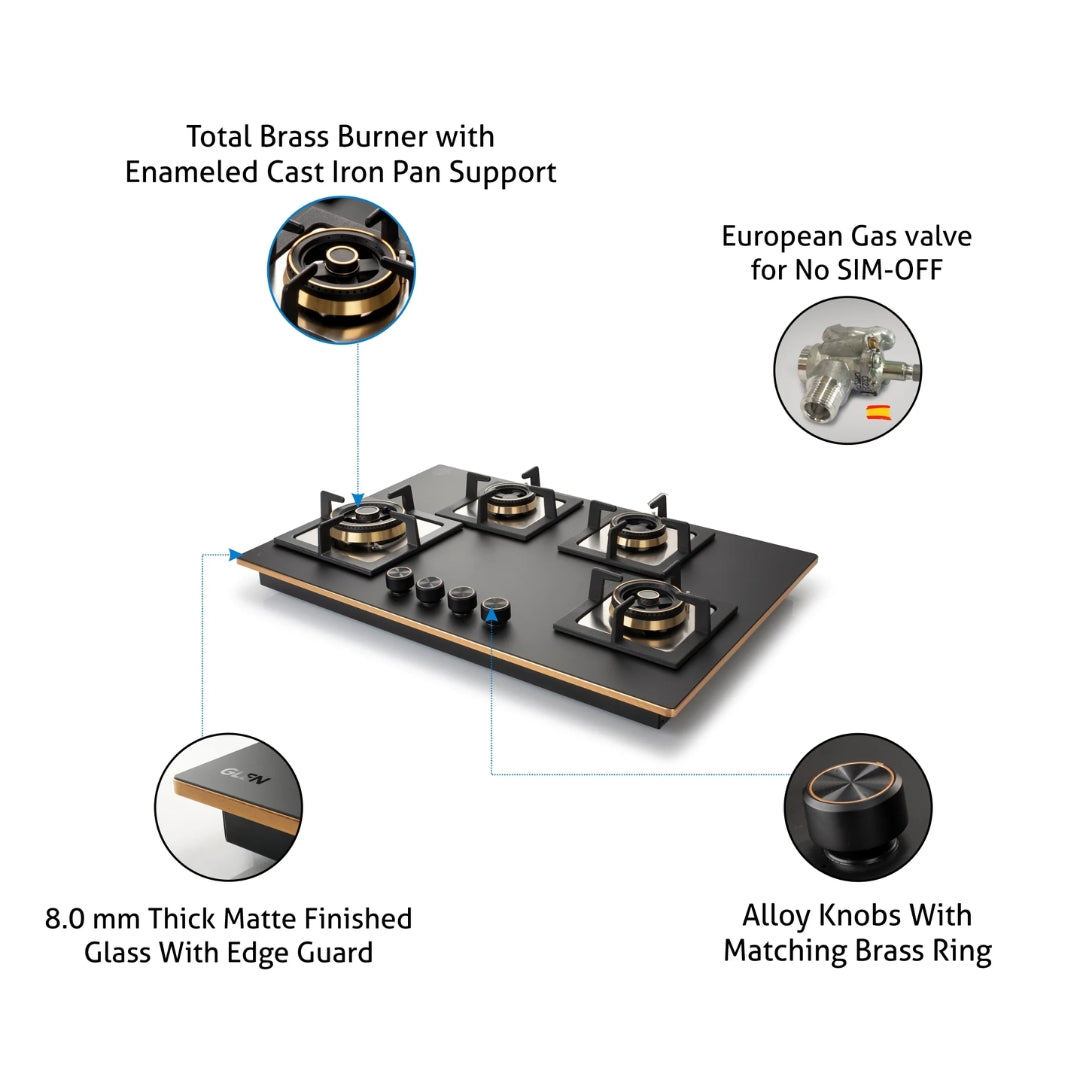 Glen 77 cm 4 Burner Hob Matt Glass Series BH 1074 SQ HT TDB 2TR MG