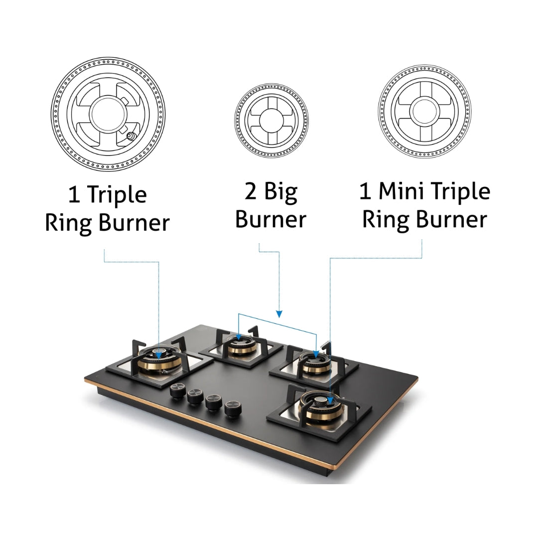 Glen 77 cm 4 Burner Hob Matt Glass Series BH 1074 SQ HT TDB 2TR MG