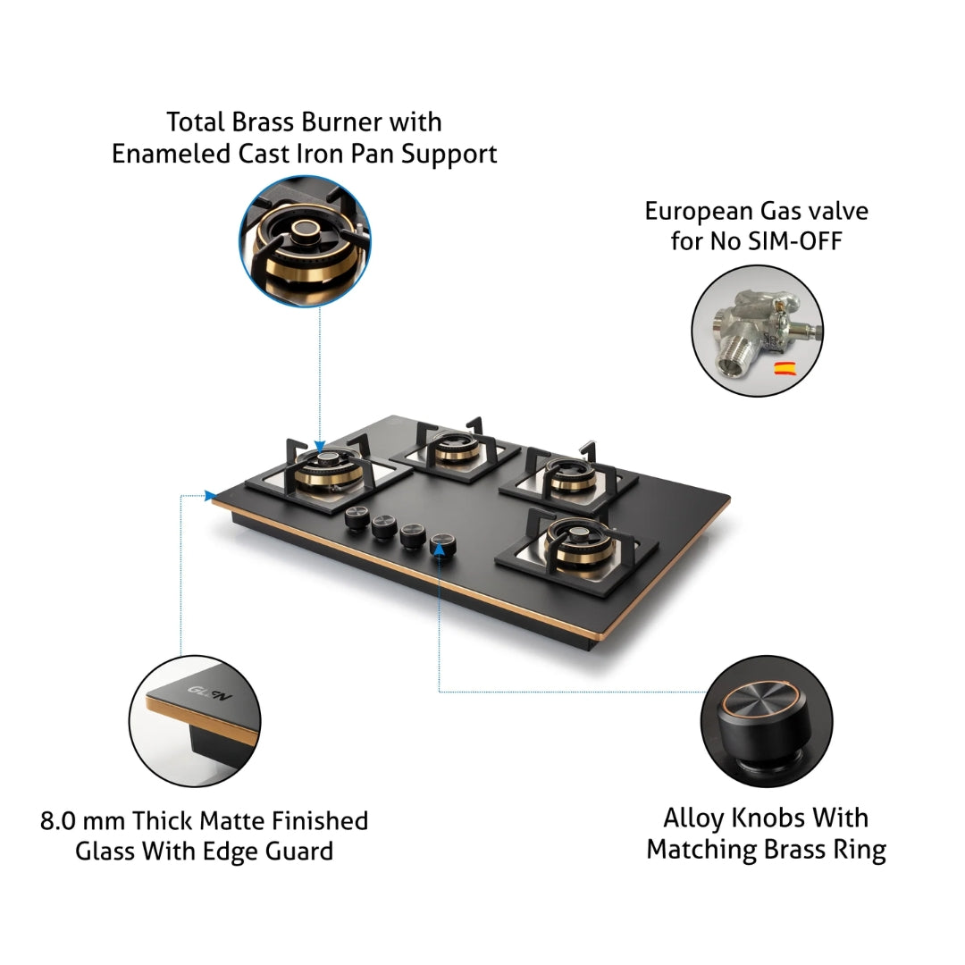 Glen 90 cm 4 Burner Hob Matt Glass Series BH 1094 XL SQ HT TDB 2TR MG