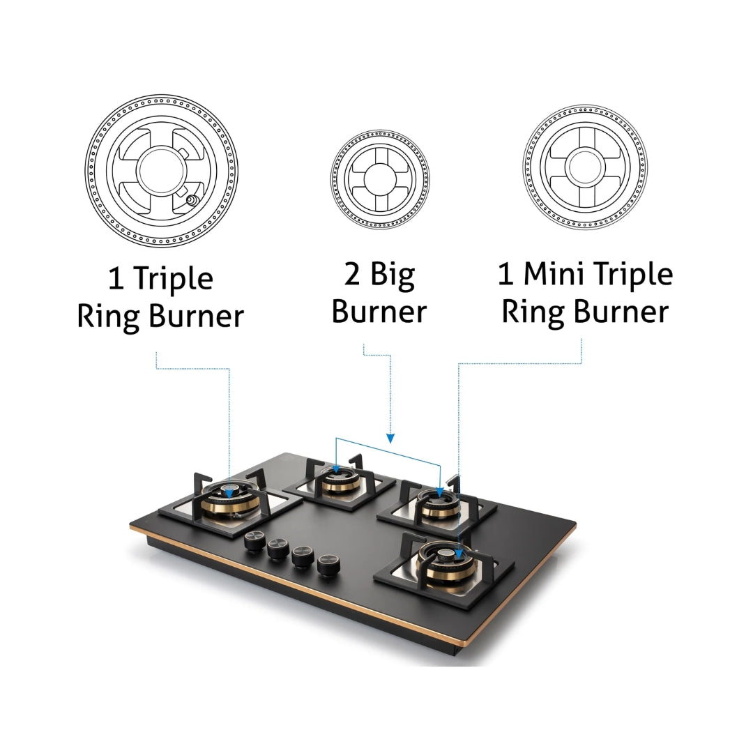 Glen 90 cm 4 Burner Hob Matt Glass Series BH 1094 XL SQ HT TDB 2TR MG