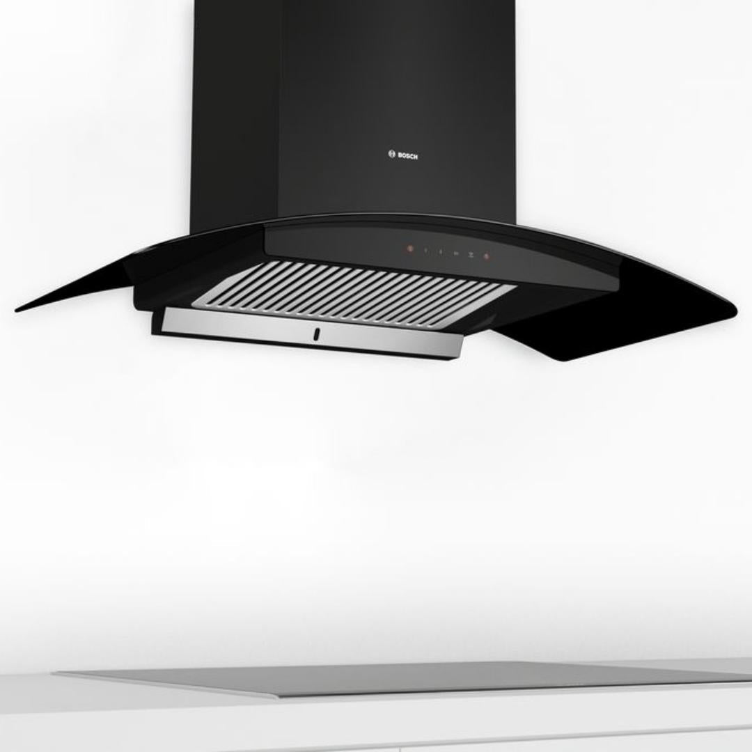 Bosch 90 cm Wall Mounted Chimney Self Clean Series DWHA98G60I + Bosch 75 cm 4 Burner Hob Series 6 True Brass 3D PNI7B6G20I