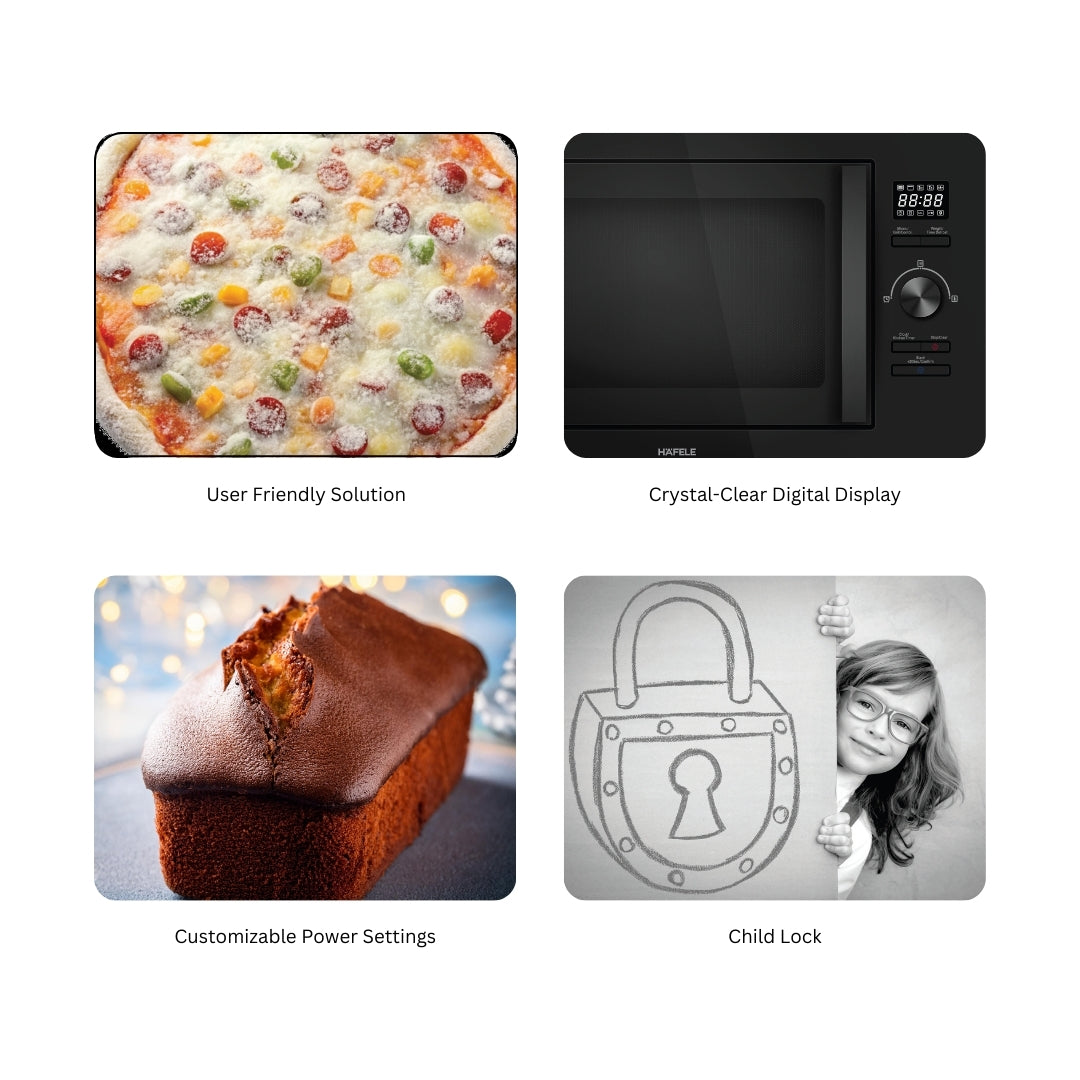 Hafele Built In Oven AURORA 80 + Hafele Built-In Microwave AURORA 25 + Hafele 60 cm Wall Mounted Chimney Essentia Series RENATA INCLINED 60 + Hafele 70 cm 4 Burner Hob Essentia Series AUGUSTA 470 + Hafele Free Standing Dishwasher AQUA NOIR 13 FS with 13 Place Settings