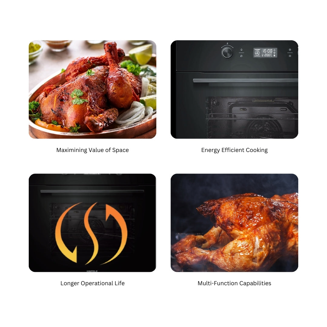 Hafele Built In Oven AURORA 80 + Hafele Built-In Microwave AURORA 25 + Hafele 90 cm Wall Mounted Chimney Essentia Series RENATA INCLINED 90 + Hafele 90 cm 4 Burner Hob Essentia Series AUGUSTA 490 + Hafele Free Standing Dishwasher AQUA NOIR 13 FS with 13 Place Settings