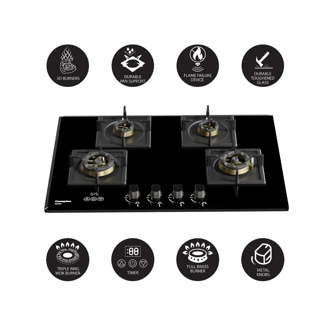 Crompton 90 cm 4 Burner Hob Optime Series HOB-OPFB905TI-MBL