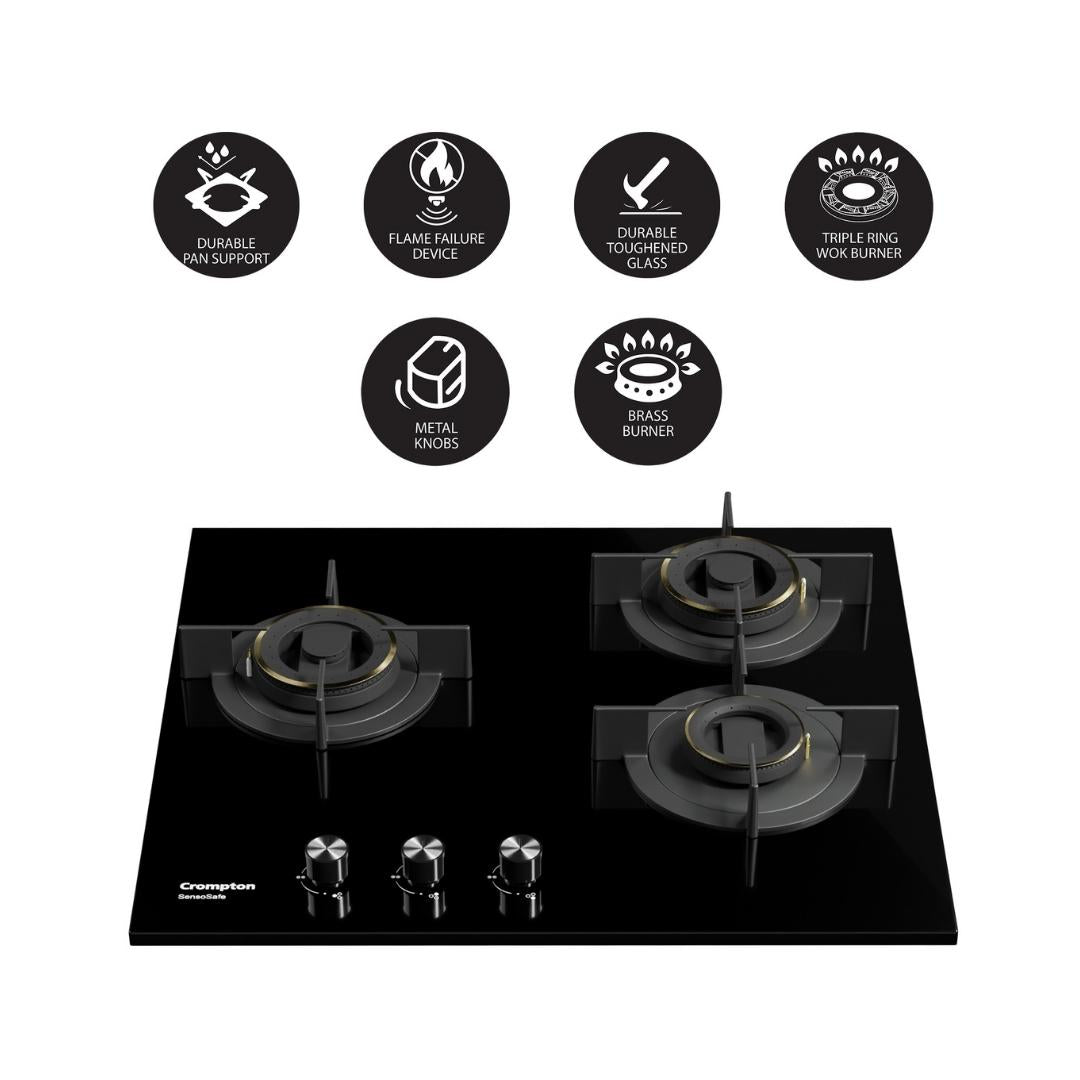 Crompton 60 cm 3 Burner Hob Sensosafe HOB-SSHB603-MBL