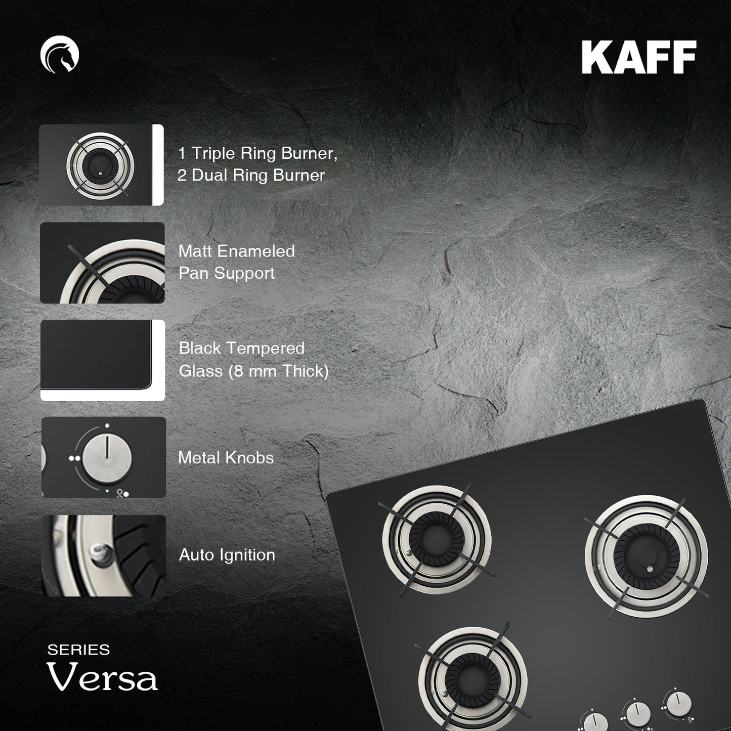 Kaff 60 cm Wall Mounted Chimney Filterless Series MAINZ DHC 60 + Kaff 60 cm 3 Burner Hob Crista CRH 603