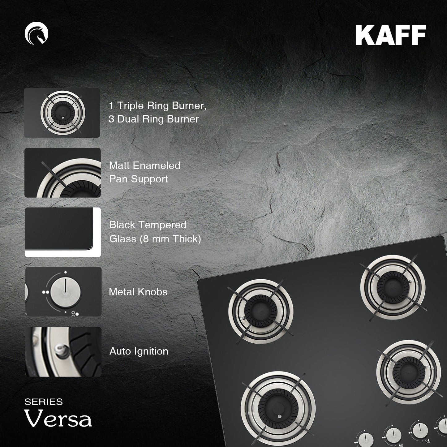Kaff 60 cm Wall Mounted Chimney Filterless Series ASHPRO DHC 60 + Kaff 60 cm 4 Burner Hob Crista CRH 604