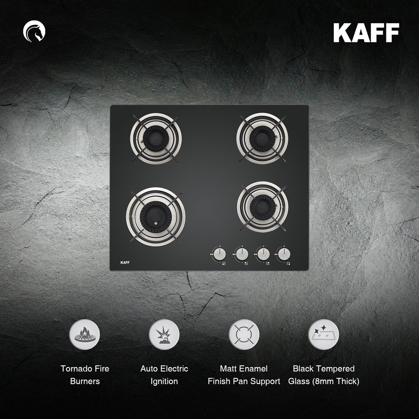 Kaff 60 cm Wall Mounted Chimney Filterless Series ASHPRO DHC 60 + Kaff 60 cm 4 Burner Hob Crista CRH 604
