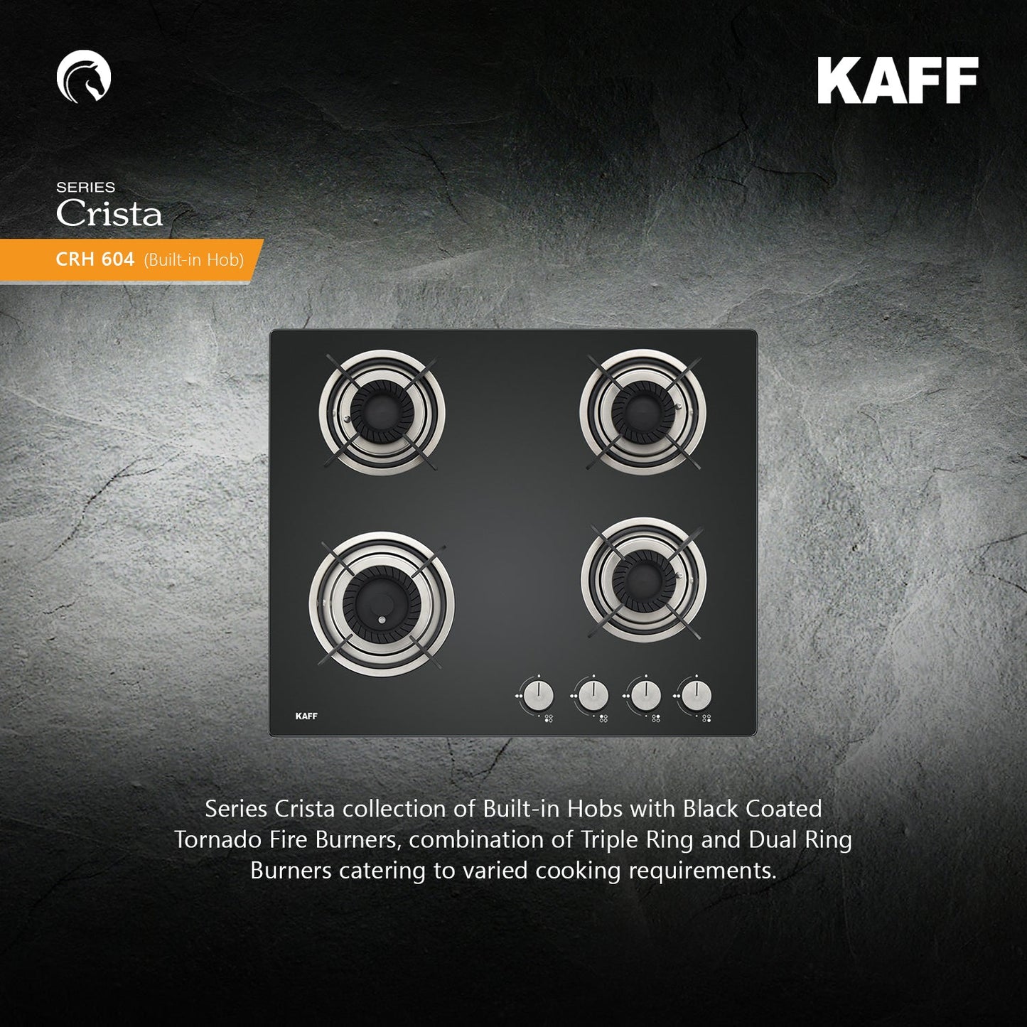 Kaff 60 cm Wall Mounted Chimney Filterless Series ASHPRO DHC 60 + Kaff 60 cm 4 Burner Hob Crista CRH 604