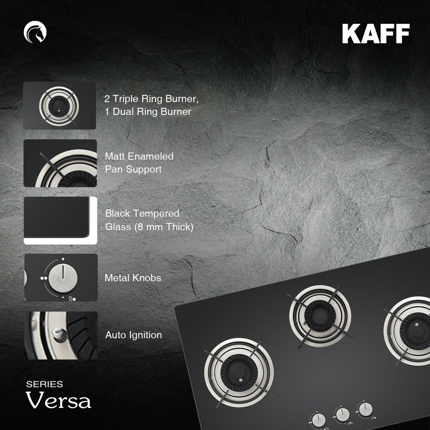 Kaff 75 cm Wall Mounted Chimney Filterless Series ASHPRO DHC 75 + Kaff 78 cm 3 Burner Hob Crista CRH 783