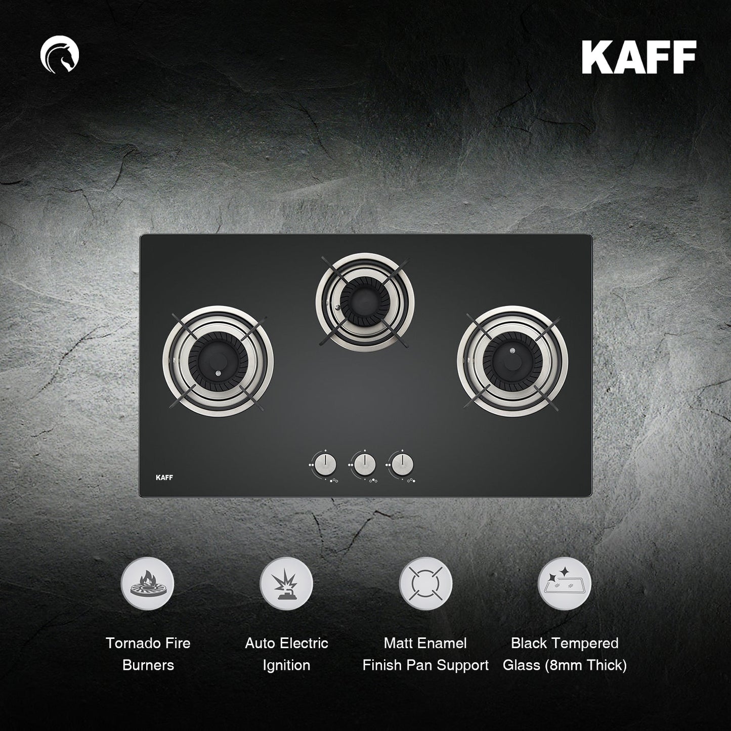 Kaff 75 cm Wall Mounted Chimney Filterless Series ASHPRO DHC 75 + Kaff 78 cm 3 Burner Hob Crista CRH 783