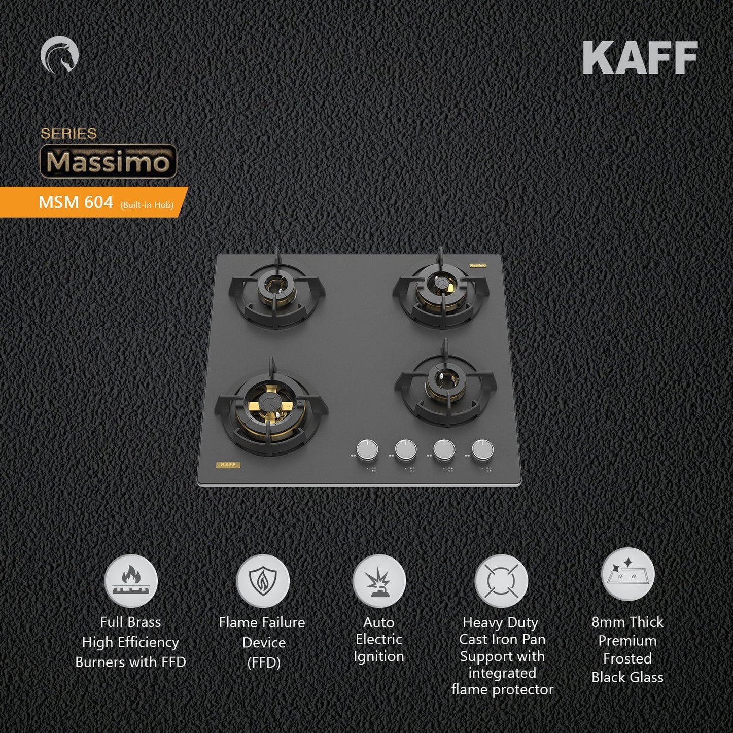 Kaff 60 cm Wall Mounted Chimney ALBURY SUPER 60 DC BLDC + Kaff 60 cm 4 Burner Hob Massimo MSM 604X