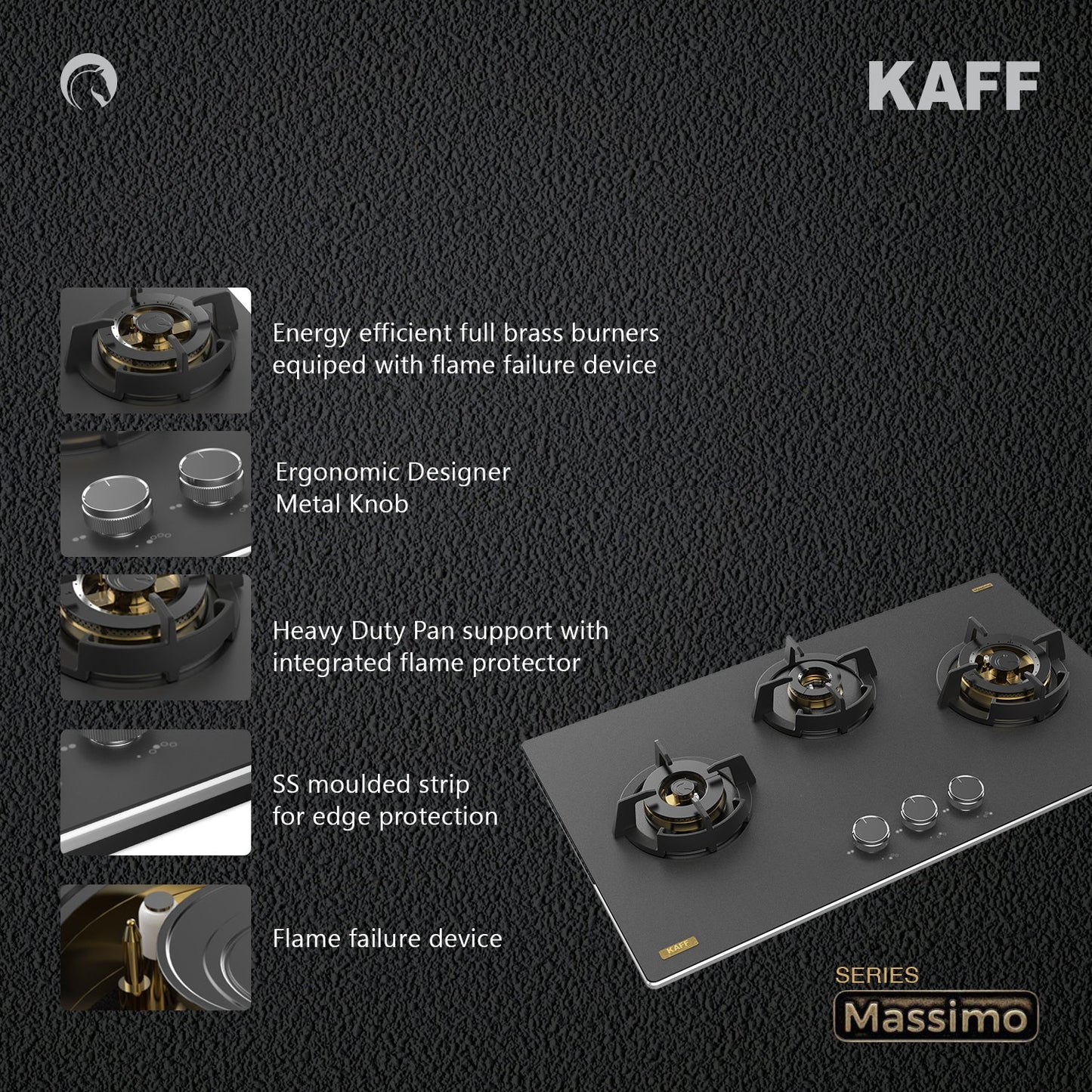 Kaff 75 cm Wall Mounted Chimney ALBURY SUPER 75 DC BLDC + Kaff 78 cm 3 Burner Hob Massimo MSM 783X