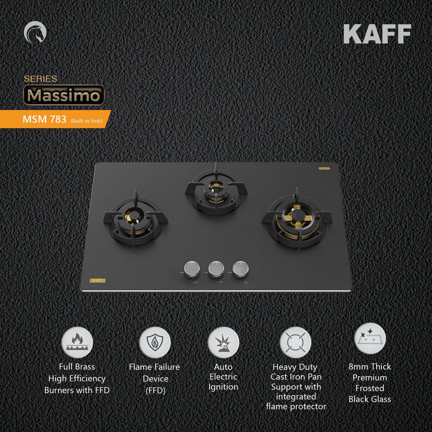 Kaff 75 cm Wall Mounted Chimney ALBURY SUPER 75 DC BLDC + Kaff 78 cm 3 Burner Hob Massimo MSM 783X