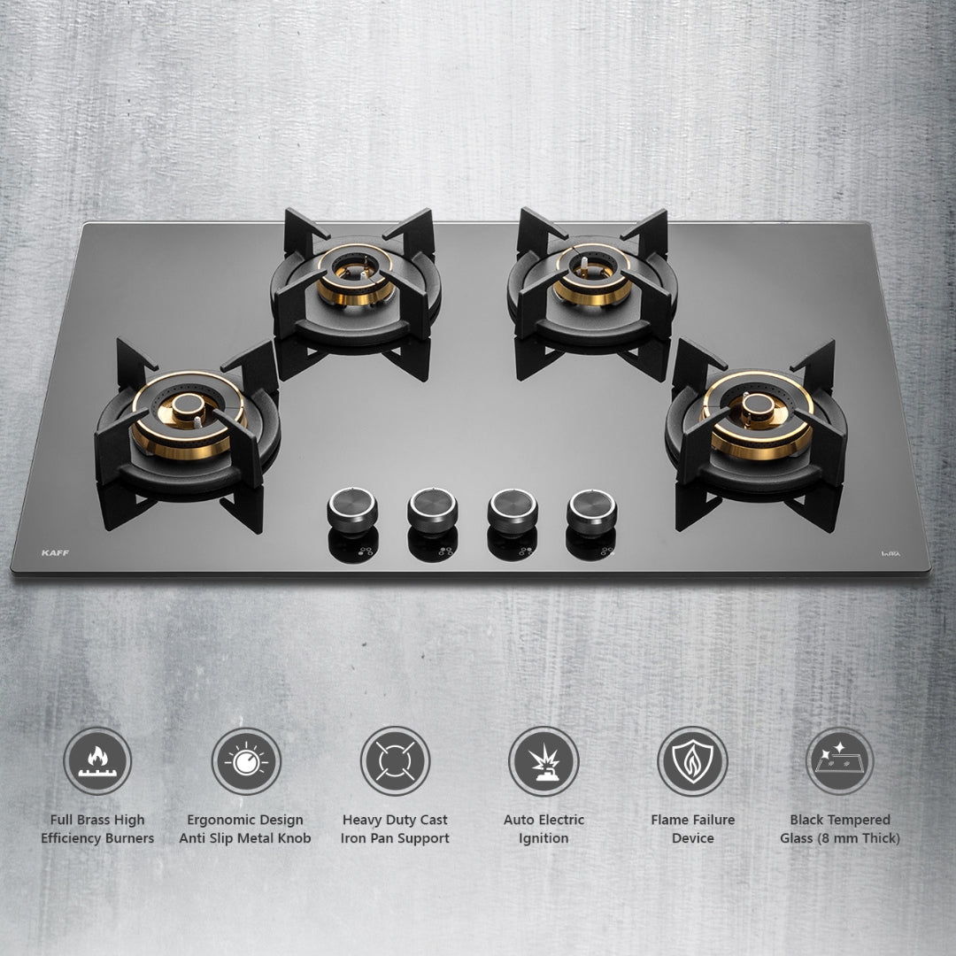 Kaff 75 cm Wall Mounted Chimney ALBURY 75 DC - BLDC + Kaff 80 cm 4 Burner Hob Infra INF 804