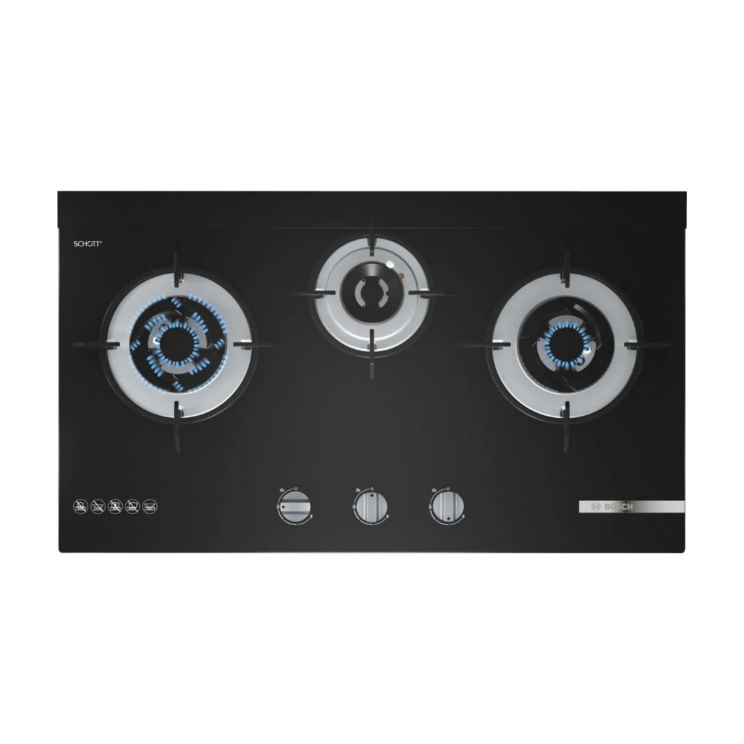 Bosch 90 cm Wall Mounted Chimney DWA98IJ60I + Bosch 70 cm 3 Burner Hob True Brass 3D Wheel PMD83D31NX