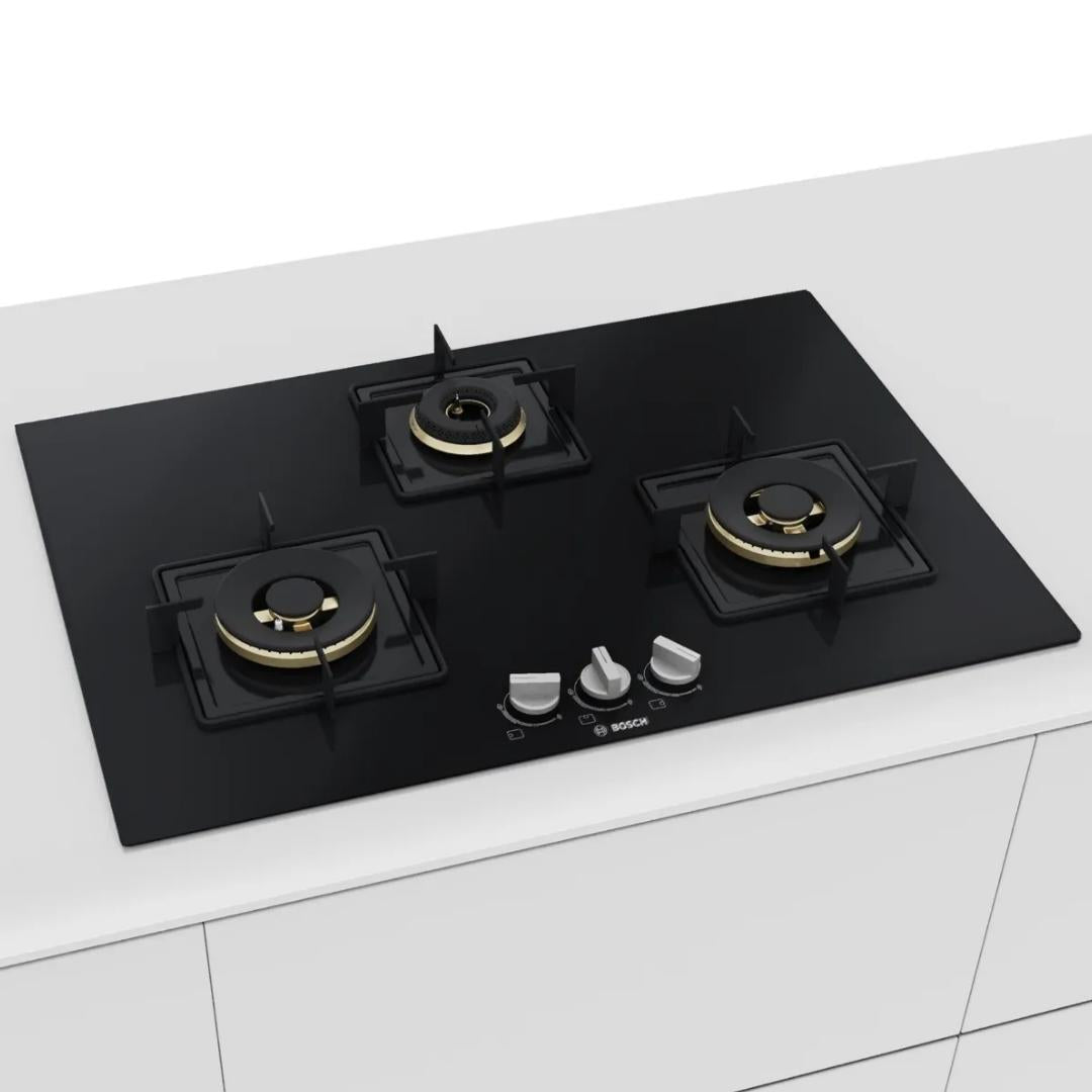 Bosch 90 cm Wall Mounted Chimney DWK98IJ60I + Bosch 75 cm 3 Burner Hob True Brass 2D PND7B6F10I