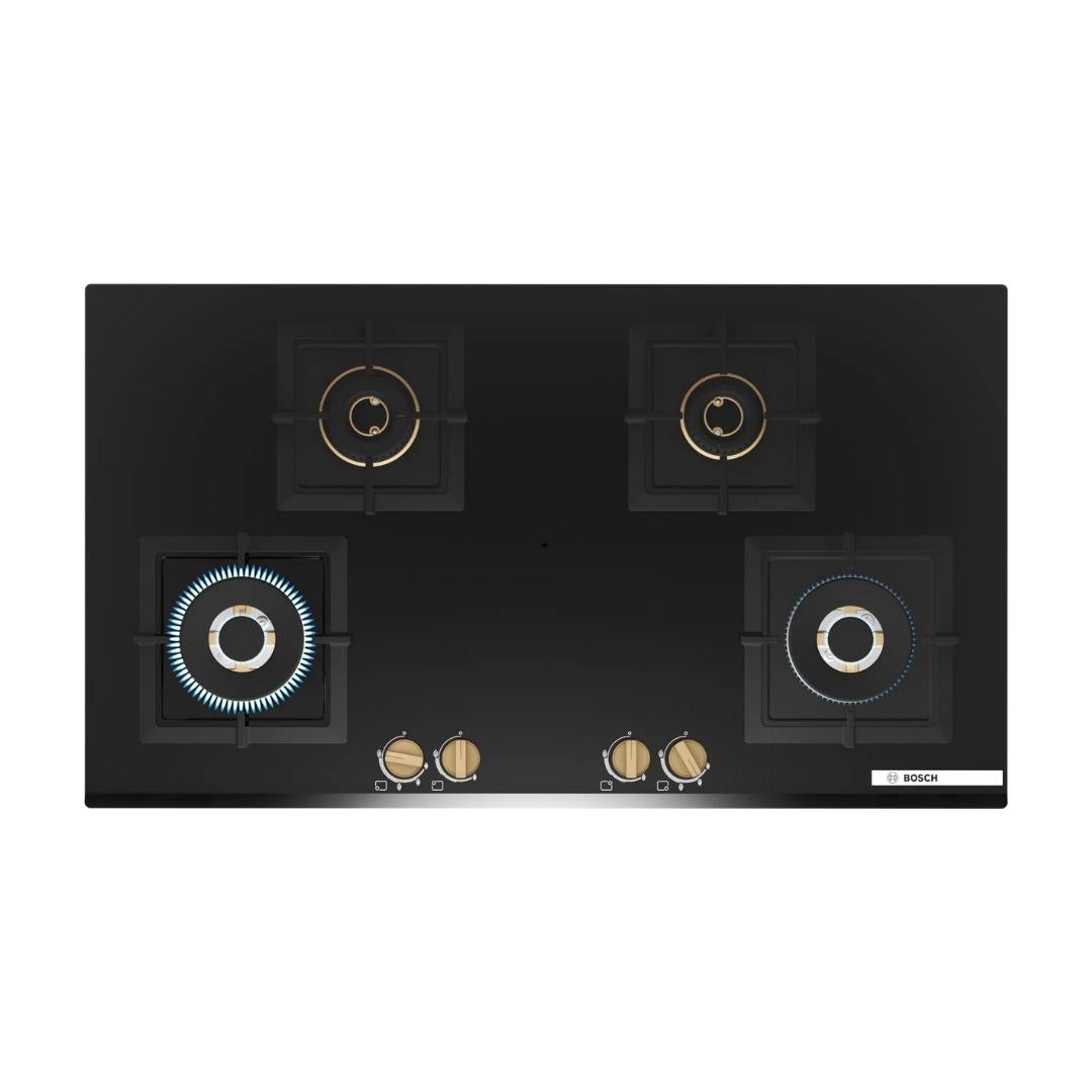 Bosch 90 cm Wall Mounted Chimney DWB98IJ60I + Bosch 90 cm 4 Burner Hob Series 6 True Brass 3D PNF9B6G20I