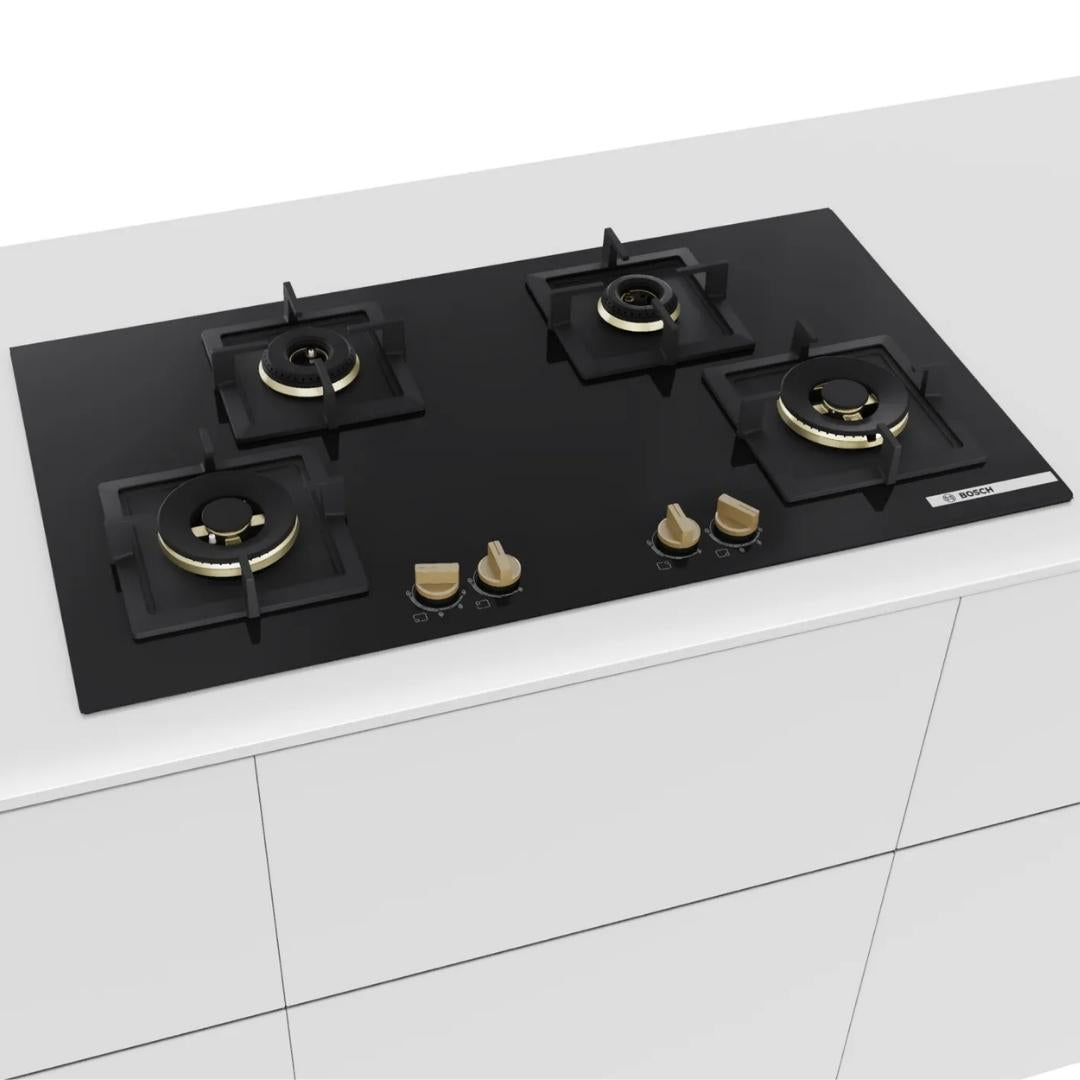 Bosch 90 cm Wall Mounted Chimney DWB98IJ60I + Bosch 90 cm 4 Burner Hob Series 6 True Brass 3D PNF9B6G20I