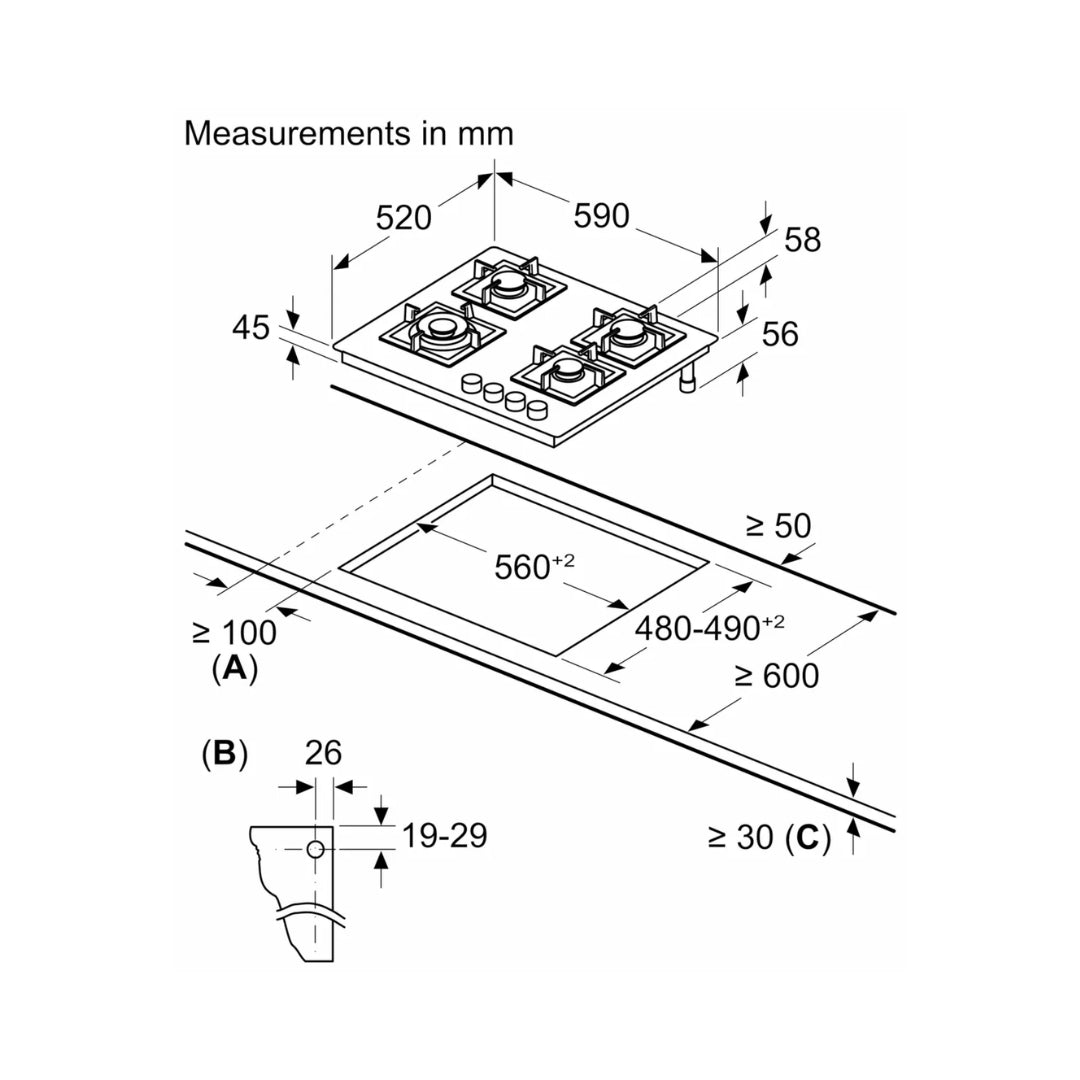 Bosch 60 cm Wall Mounted Chimney Self Clean Series DWBA68H60I + Bosch 60 cm 4 Burner Hob True AL 2D PNH6B6B12I
