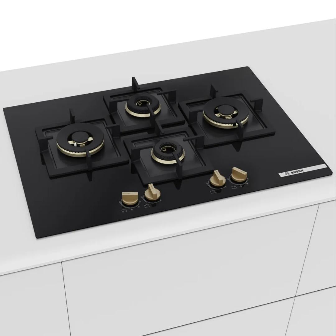 Bosch 90 cm Wall Mounted Chimney DWB98IJ60I + Bosch 75 cm 4 Burner Hob Series 6 True Brass 3D PNI7B6G20I