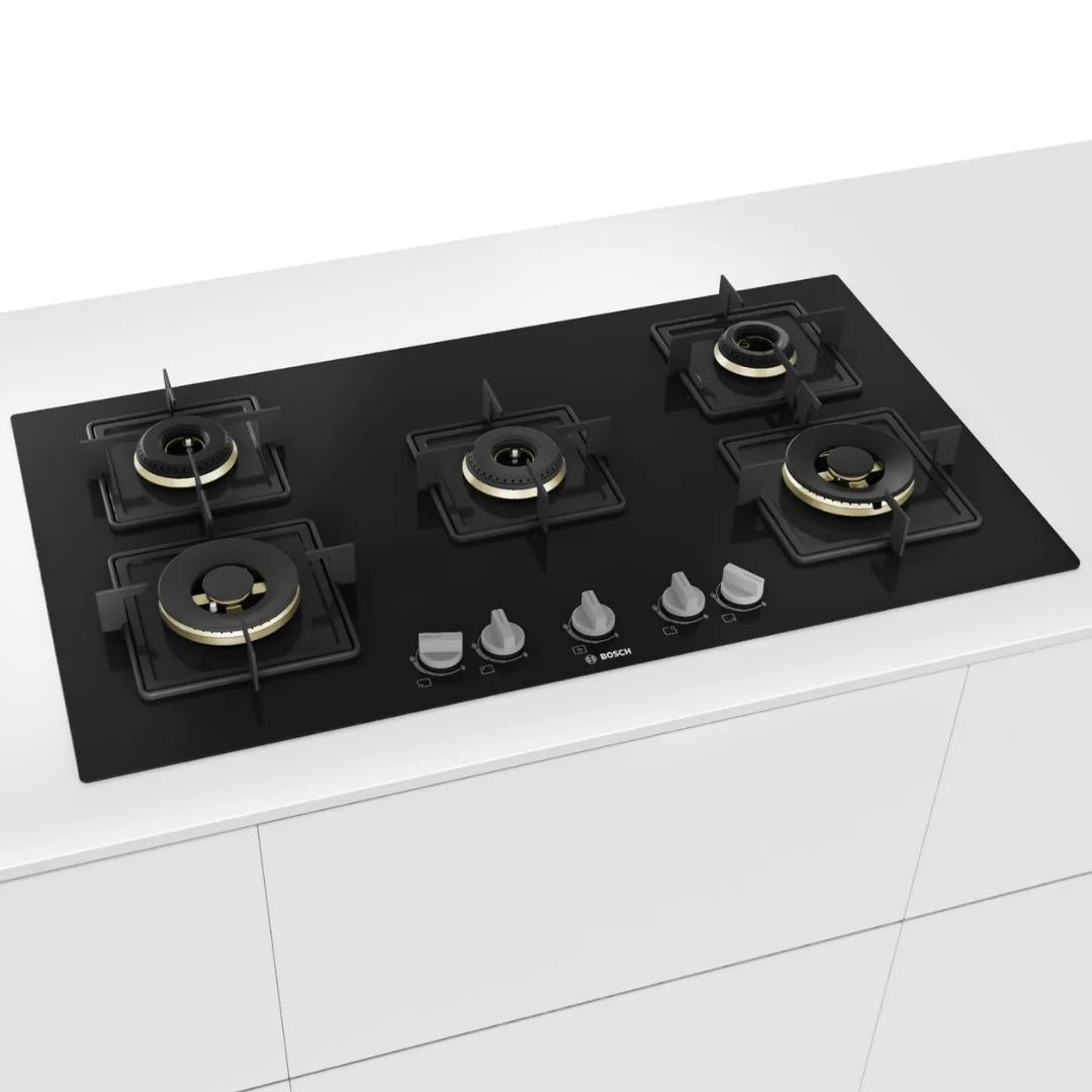 Bosch 90 cm Wall Mounted Chimney DWB98IJ60I + Bosch 90 cm 5 Burner Hob True Brass 2D PNV9B6F10I