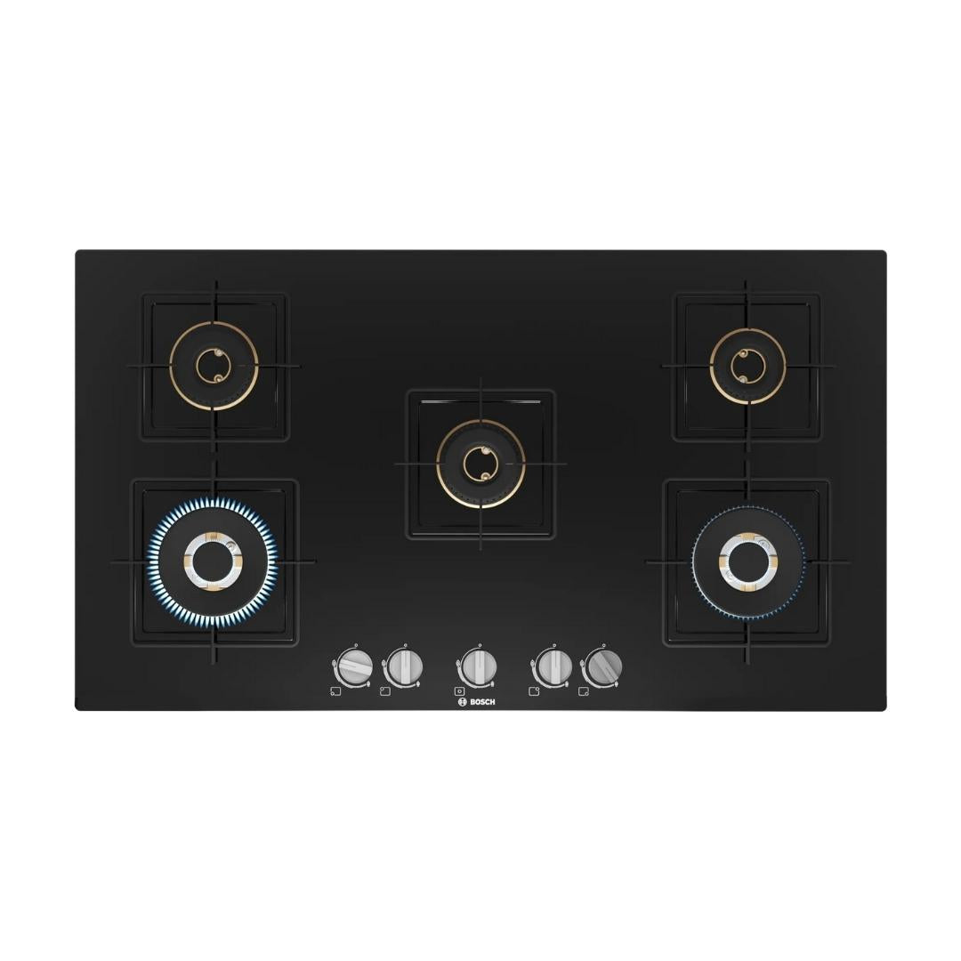 Bosch 90 cm Wall Mounted Chimney DWB98IJ60I + Bosch 90 cm 5 Burner Hob True Brass 2D PNV9B6F10I