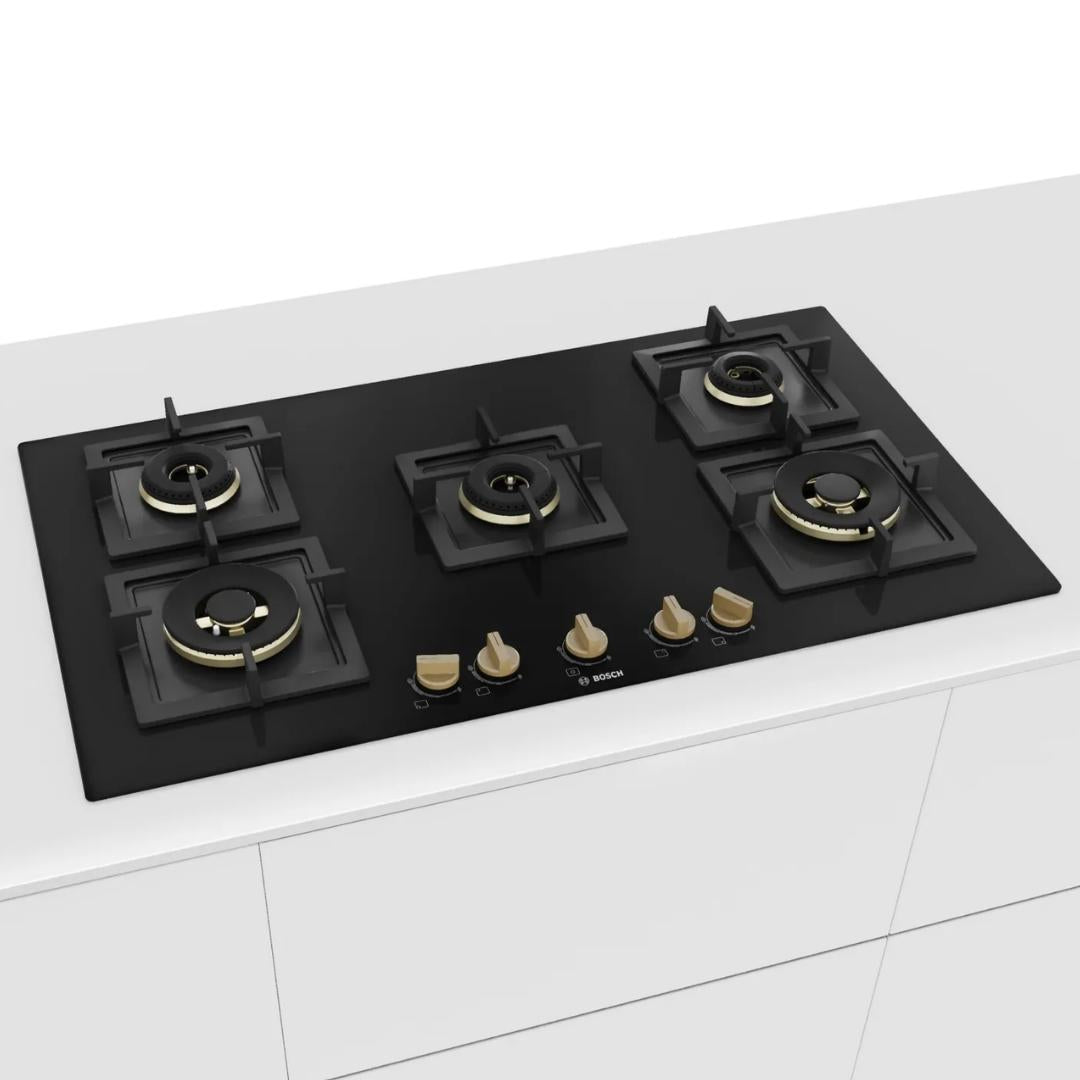 Bosch 90 cm Wall Mounted Chimney DWK98IJ60I + Bosch 90 cm 5 Burner Hob True Brass 2D PNV9B6F20I