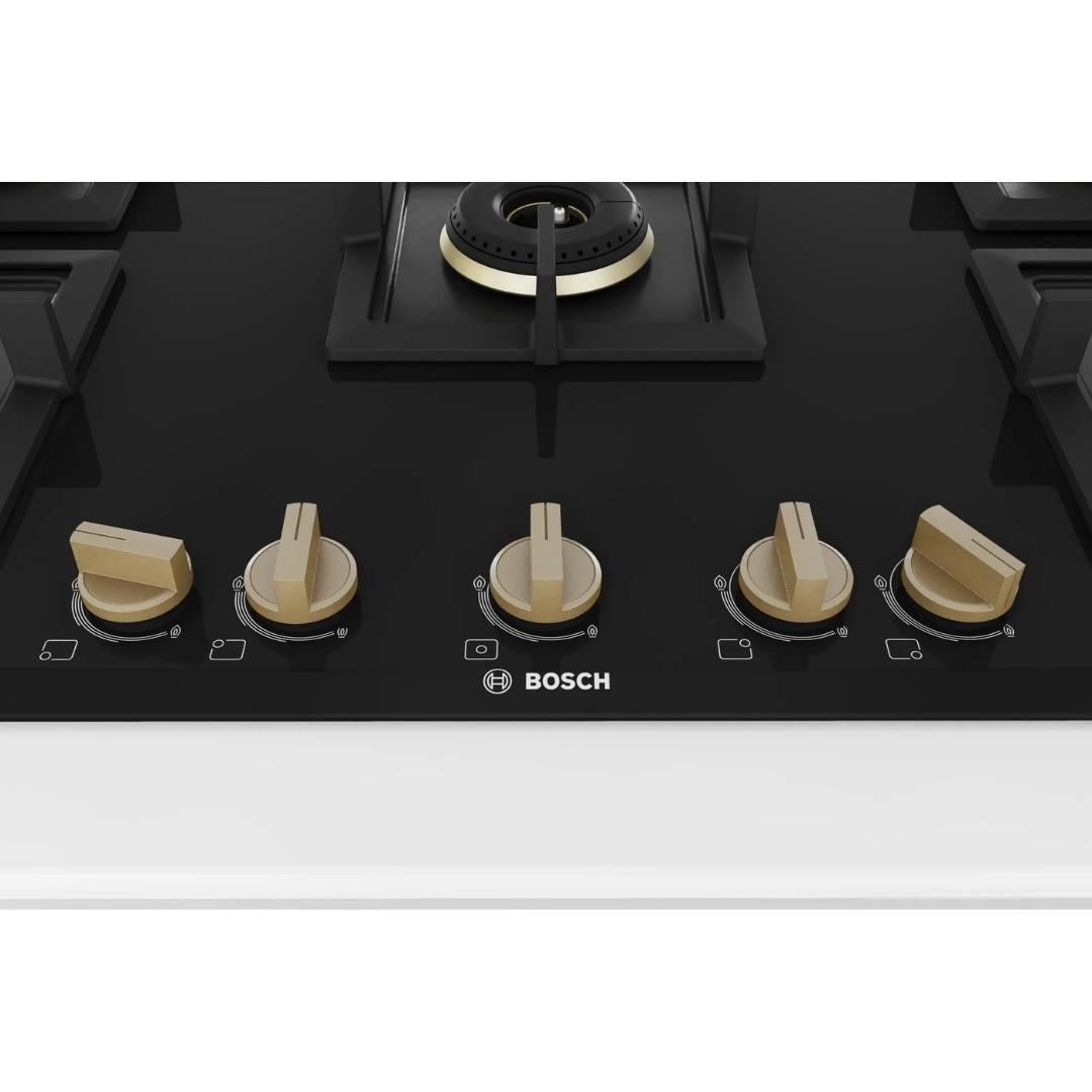 Bosch 90 cm Wall Mounted Chimney DWK98IJ60I + Bosch 90 cm 5 Burner Hob True Brass 2D PNV9B6F20I