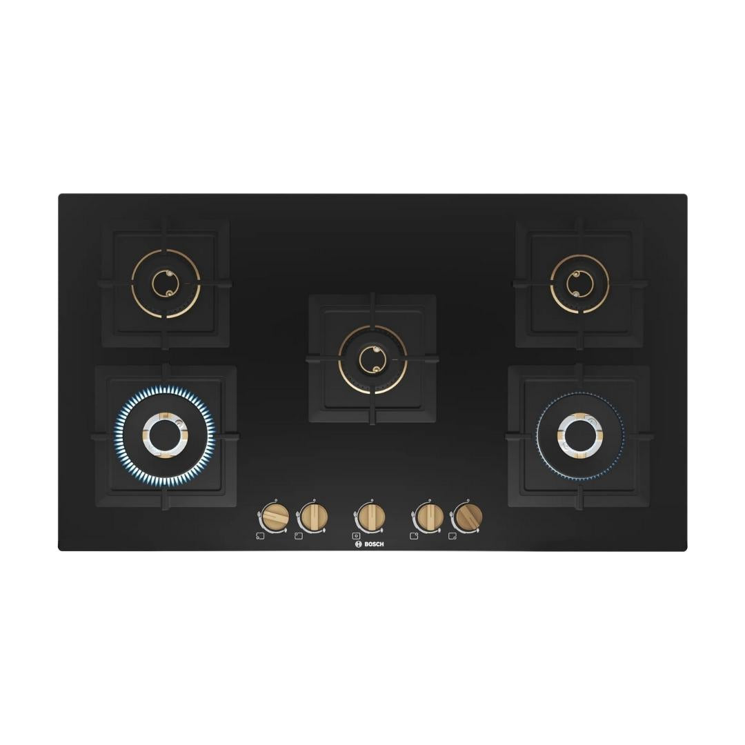 Bosch 90 cm Wall Mounted Chimney DWK98IJ60I + Bosch 90 cm 5 Burner Hob True Brass 2D PNV9B6F20I