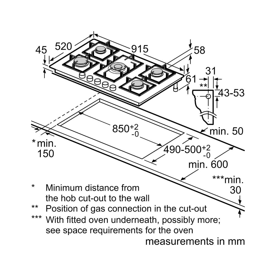 Bosch 90 cm Wall Mounted Chimney DWB98IJ60I + Bosch 90 cm 5 Burner Hob True Brass 2D PNV9B6F20I