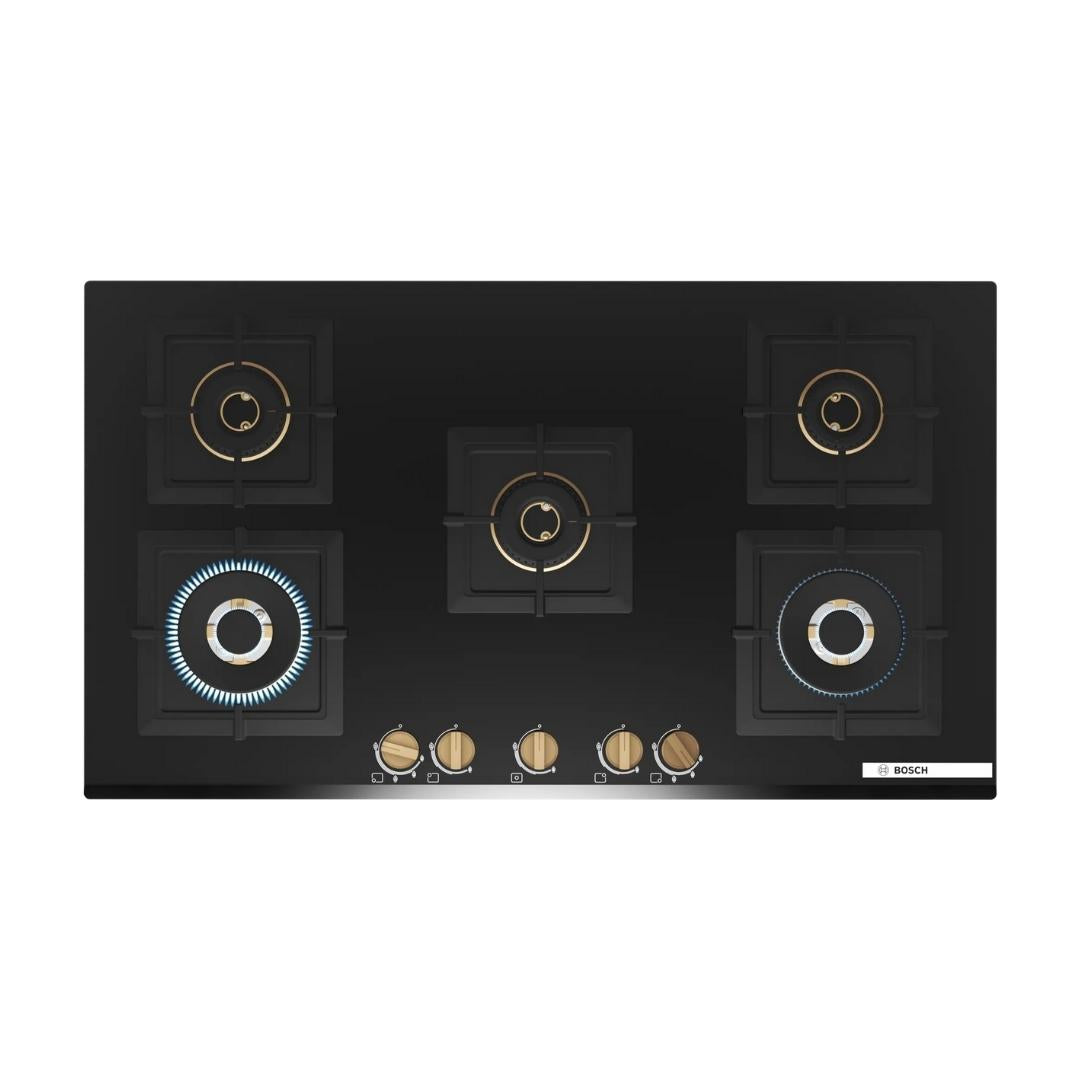 Bosch 90 cm Wall Mounted Chimney DWK98IJ60I + Bosch 90 cm 5 Burner Hob True Brass 3D PNV9B6G20I