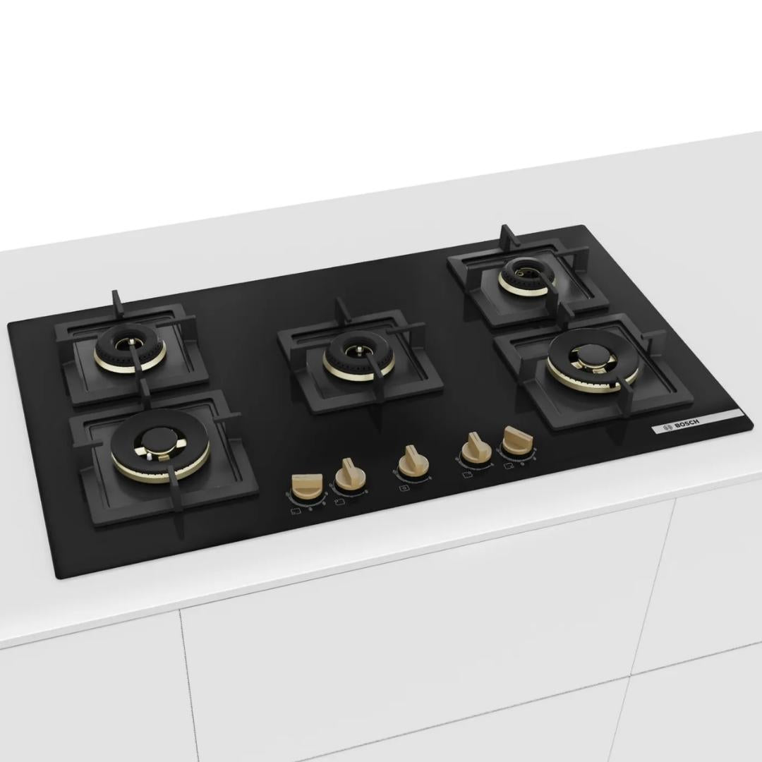 Bosch 90 cm Wall Mounted Chimney DWK98IJ60I + Bosch 90 cm 5 Burner Hob True Brass 3D PNV9B6G20I