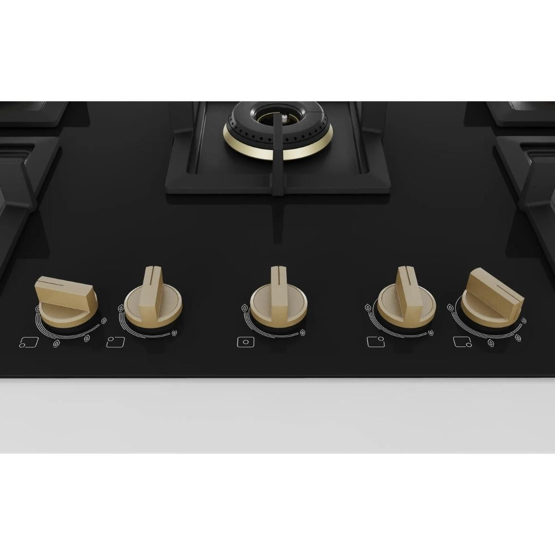 Bosch 90 cm Wall Mounted Chimney DWK98IJ60I + Bosch 90 cm 5 Burner Hob True Brass 3D PNV9B6G20I
