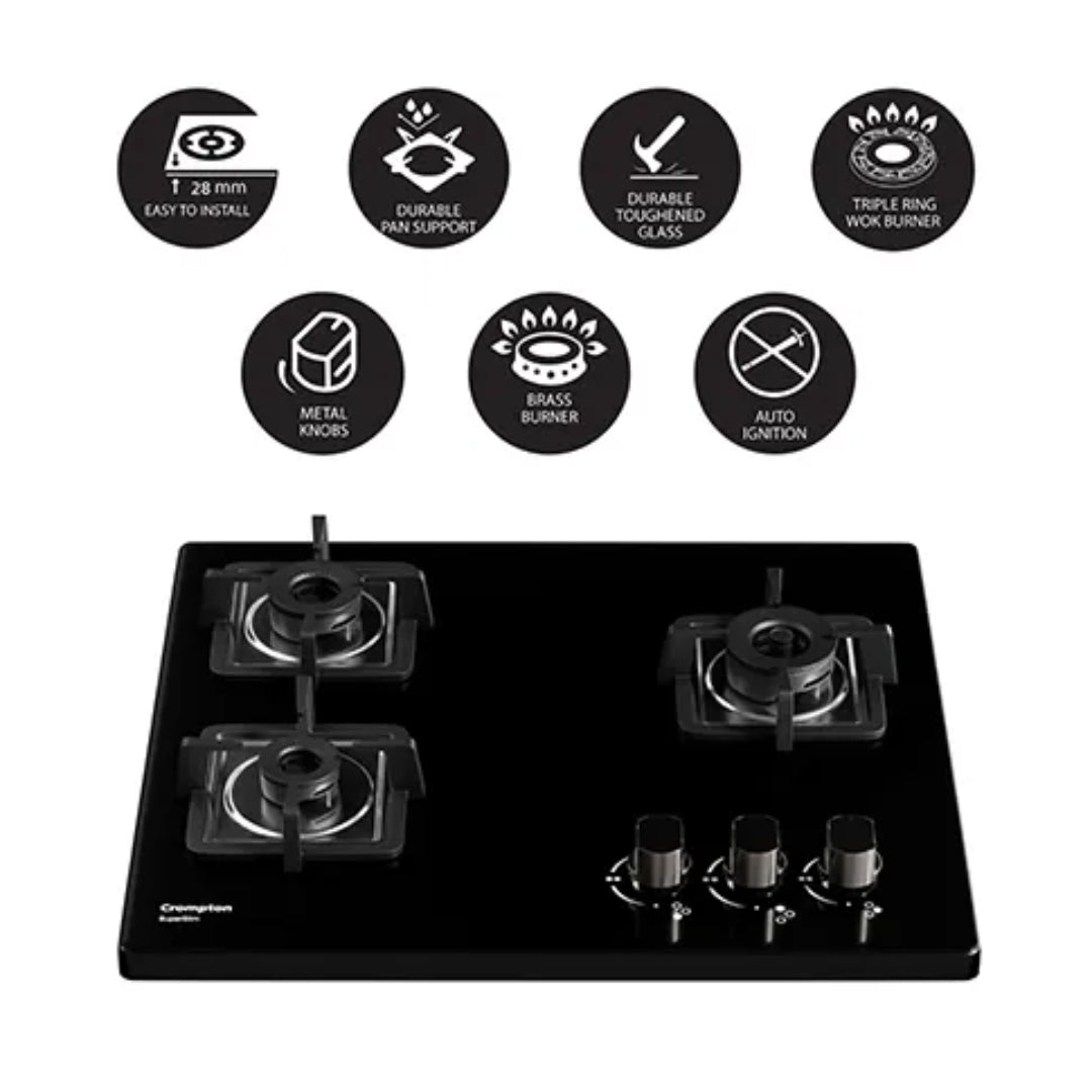 Crompton 60 cm 3 Burner Cooktop Superslim TAB-SUHB603-MBL