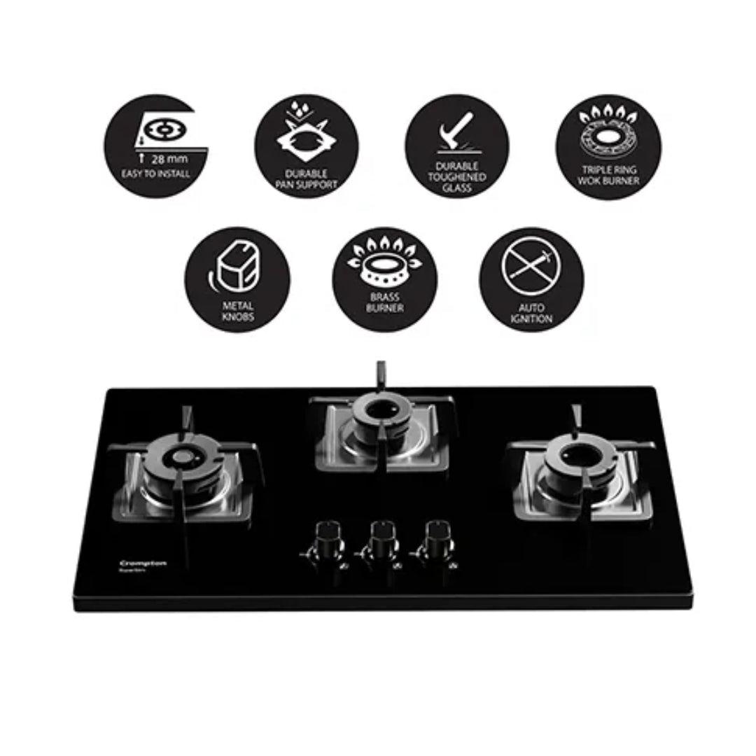 Crompton 78 cm 3 Burner Cooktop Superslim TAB-SUHB783-MBL