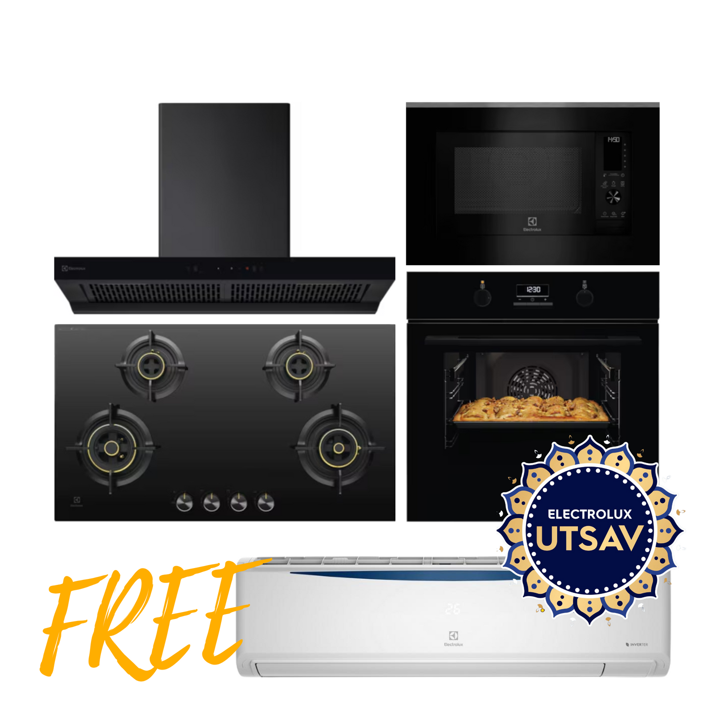 Electrolux Oven UltimateTaste 500 KOD3H50BK + Microwave with Air Fryer UltimateTaste 900 EMSB30XCF + Chimney UltimateTaste 700 Series ECT9841KB + Hob UltimateTaste 300 EHG9430BCI with Free AC