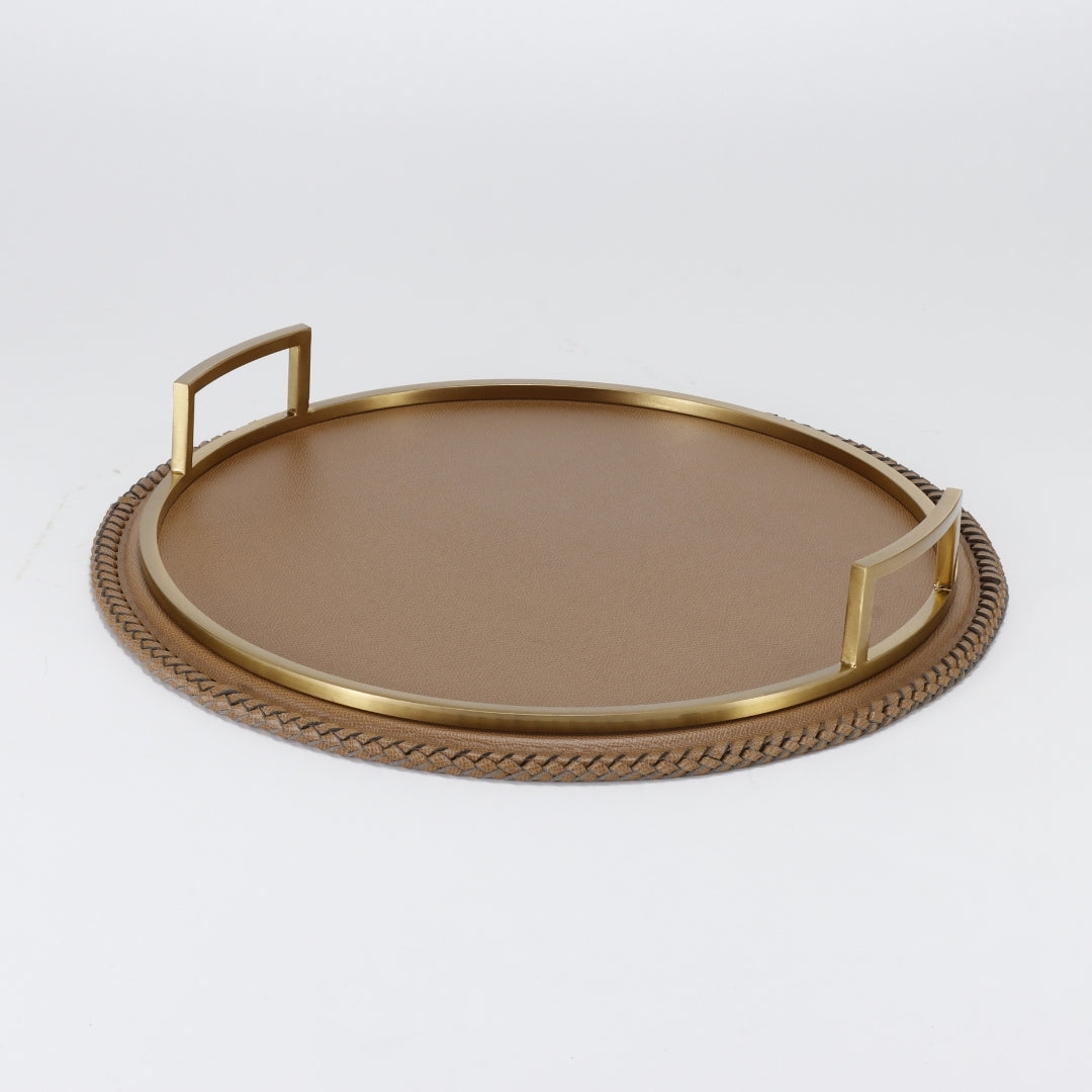 Verdant Elegance Circular Leather Decorative Tray
