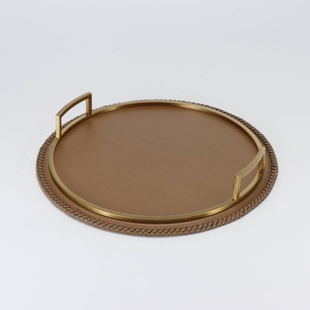 Verdant Elegance Circular Leather Decorative Tray
