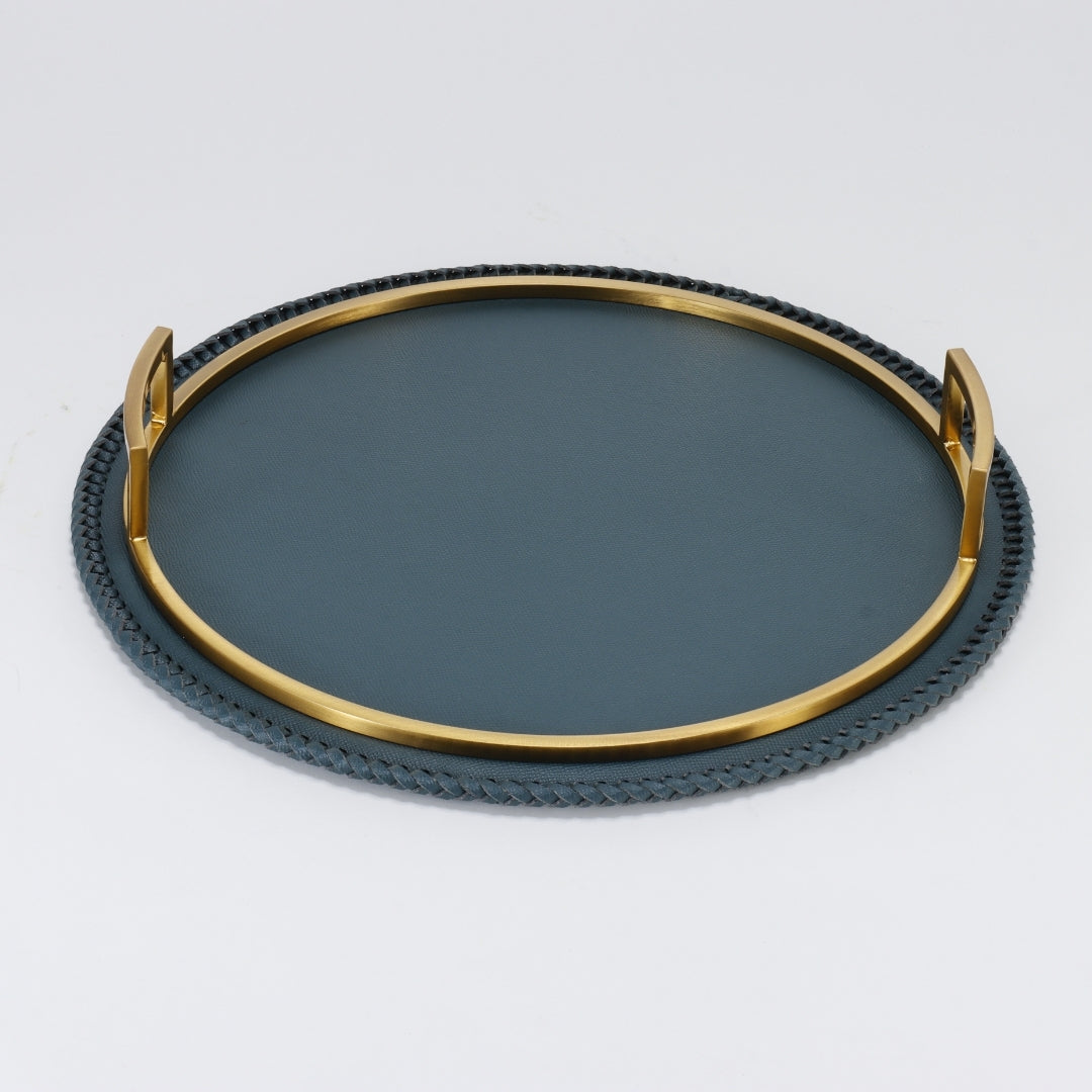 Verdant Elegance Circular Leather Decorative Tray