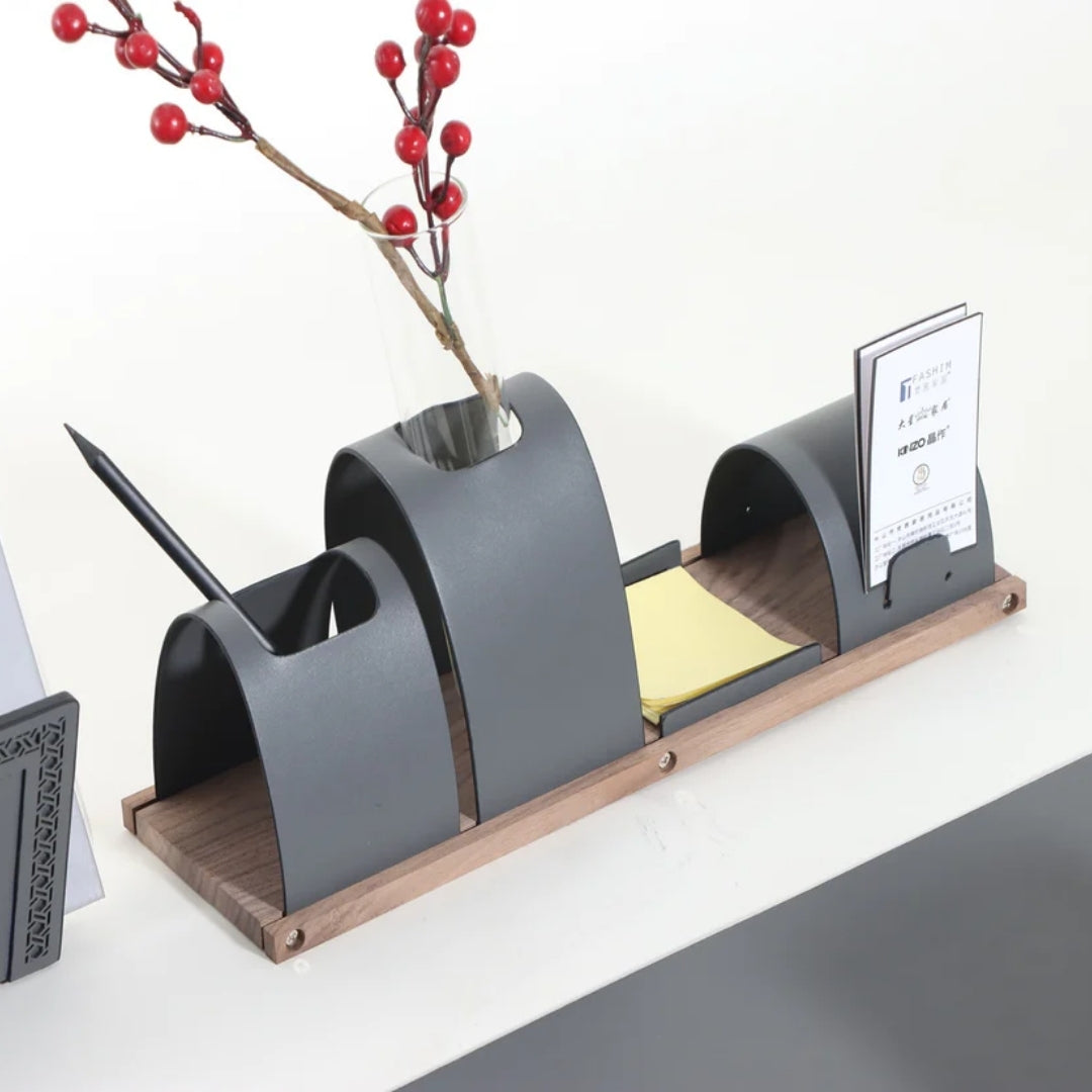 Elegant Efficiency Leather, Walnut & Glass Office Table Organizer