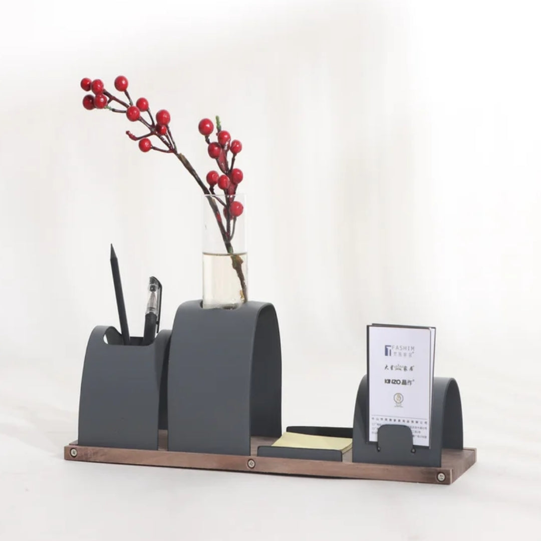 Elegant Efficiency Leather, Walnut & Glass Office Table Organizer
