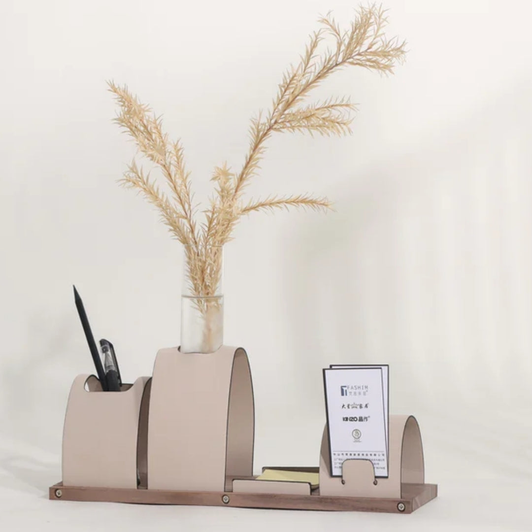 Elegant Efficiency Leather, Walnut & Glass Office Table Organizer