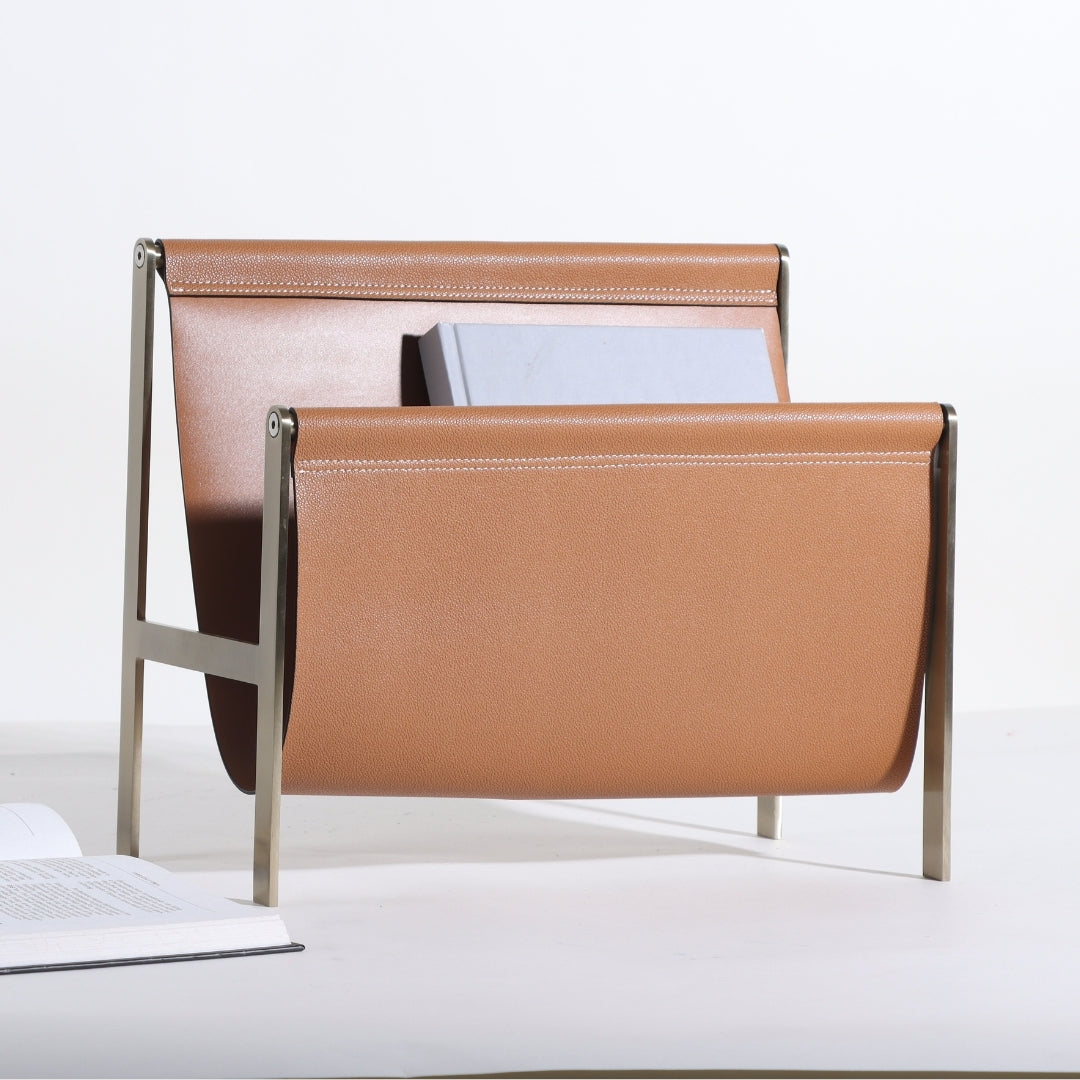 Classic Collection Bronze Leather & Stainless Steel Magazine Holder